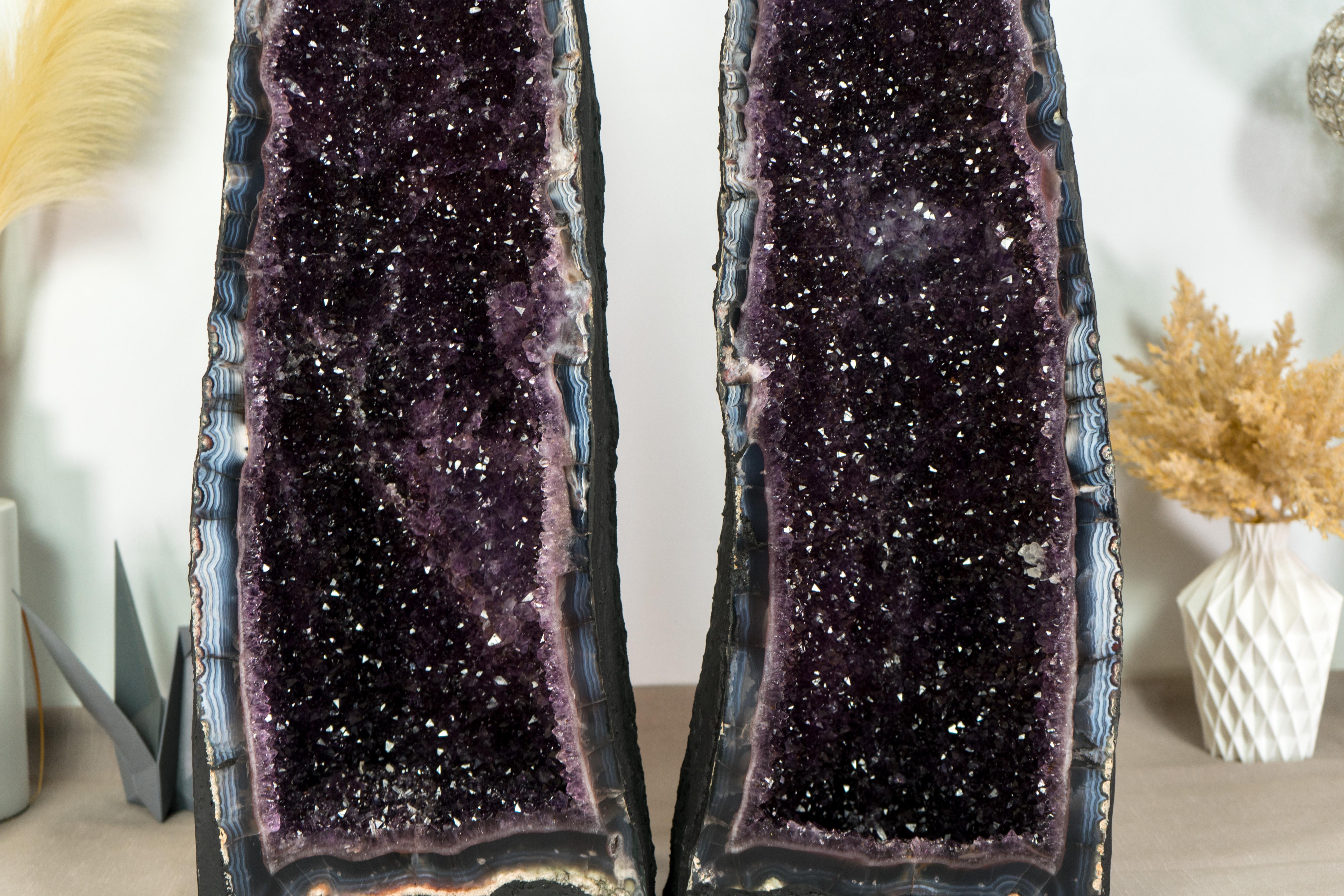 Pair of Amethyst Cathedral Geodes, with Lace Agate, Purple Amethyst, and Calcite For Sale 5