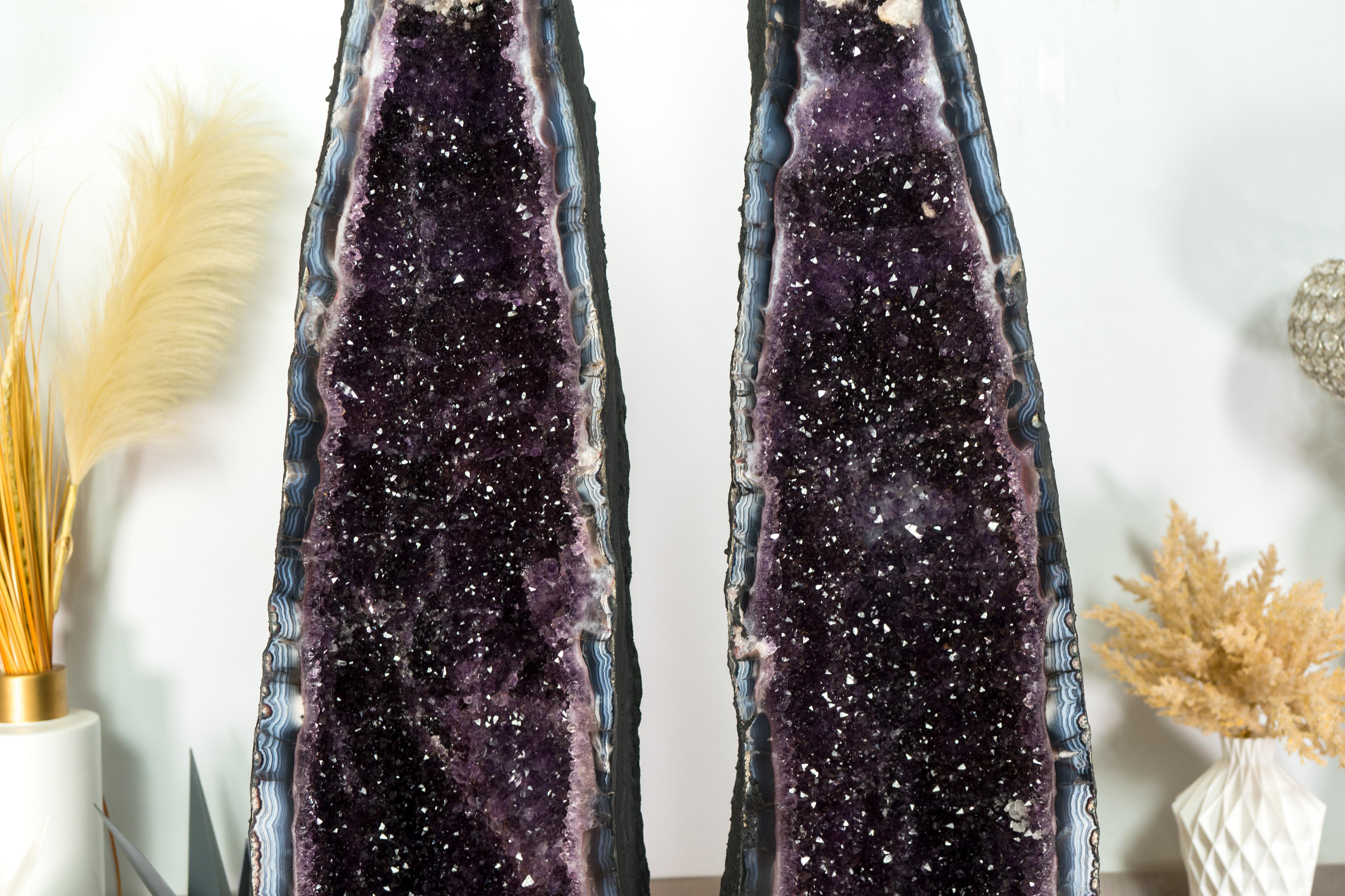 Pair of Amethyst Cathedral Geodes, with Lace Agate, Purple Amethyst, and Calcite For Sale 6