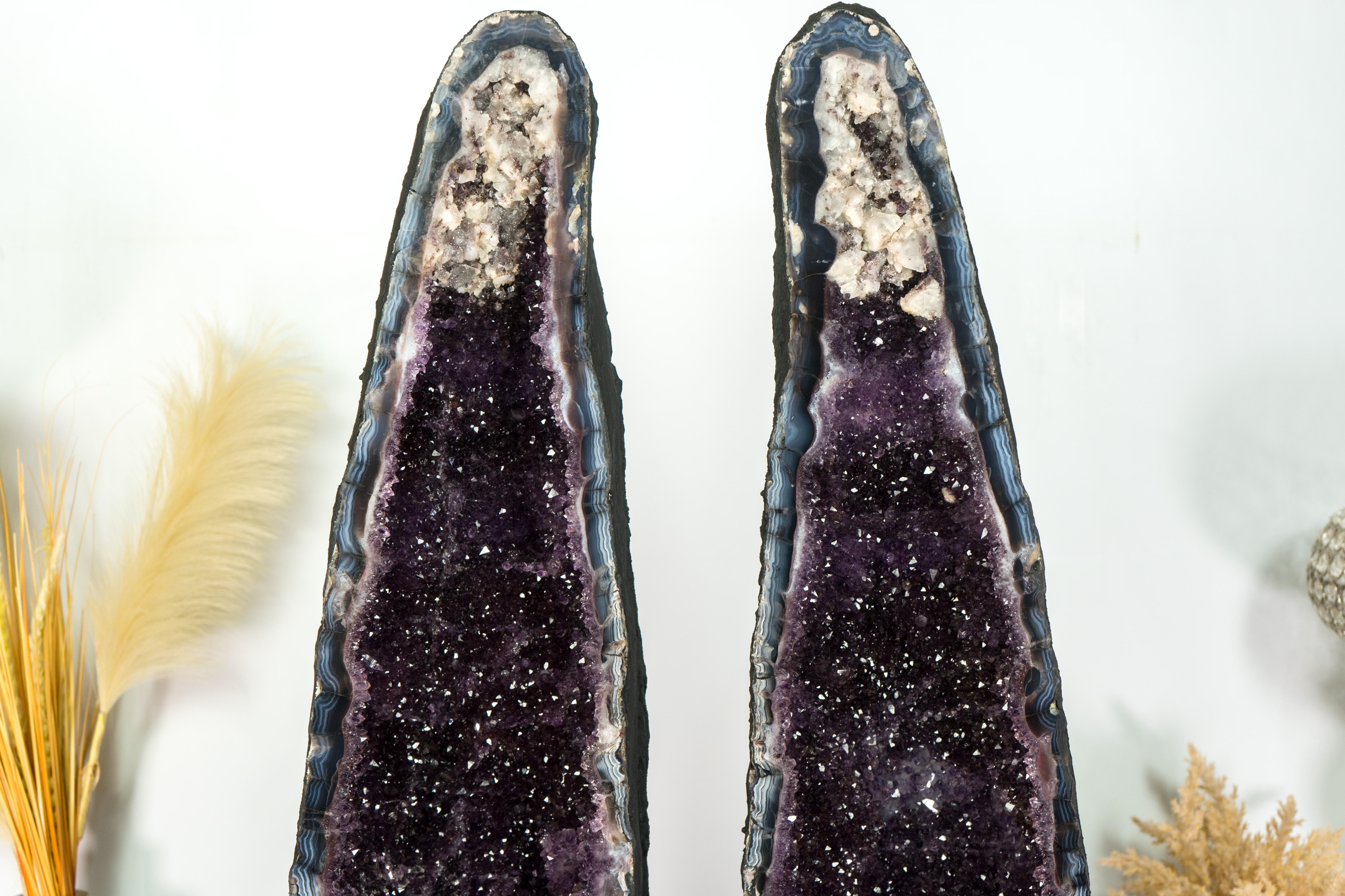 Pair of Amethyst Cathedral Geodes, with Lace Agate, Purple Amethyst, and Calcite For Sale 7