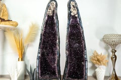 Paar Amethyst-Kathedralen-Geodes, mit Spitzen-Achat, lila Amethyst und Calcite