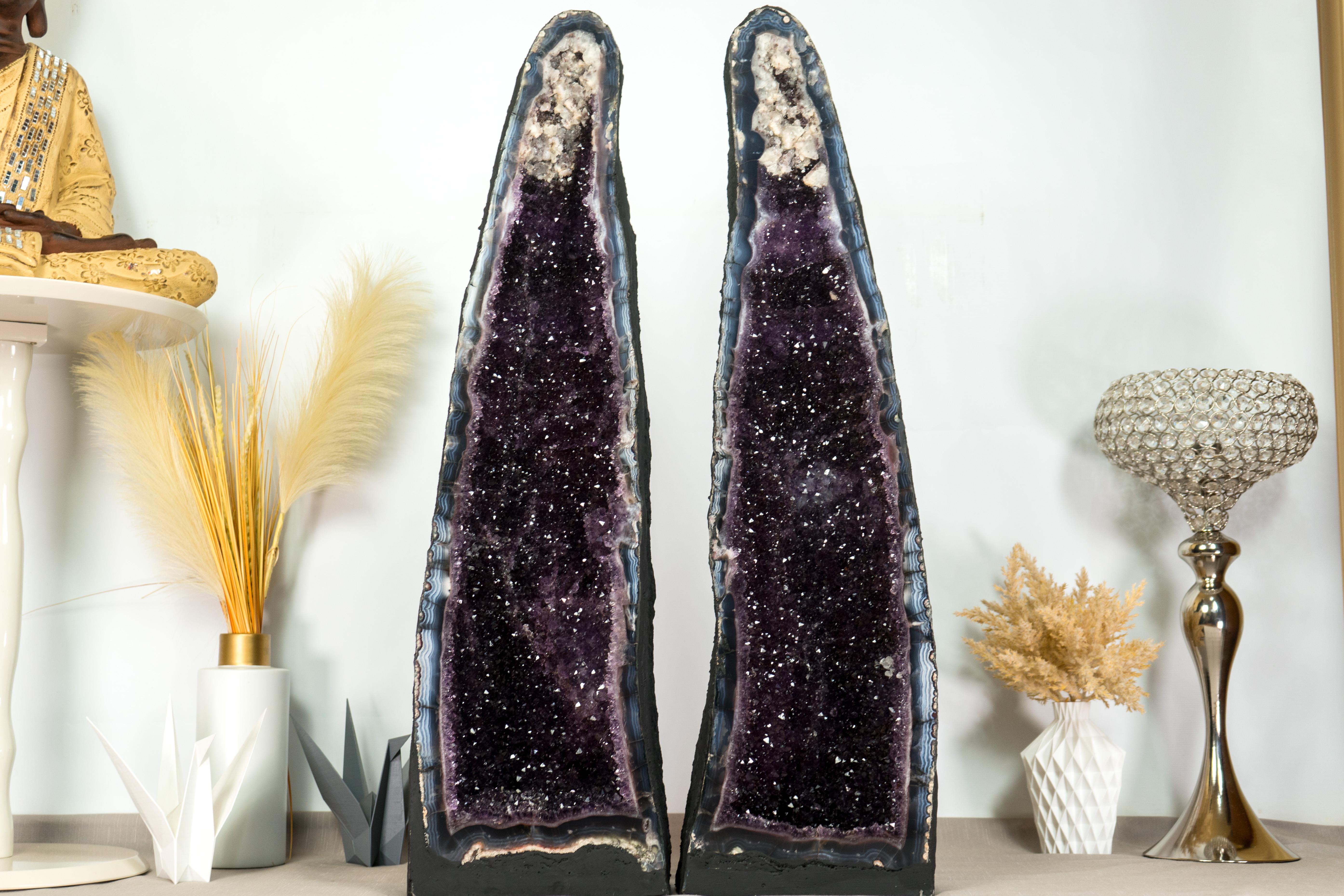 Brazilian Pair of Amethyst Cathedral Geodes, with Lace Agate, Purple Amethyst, and Calcite For Sale