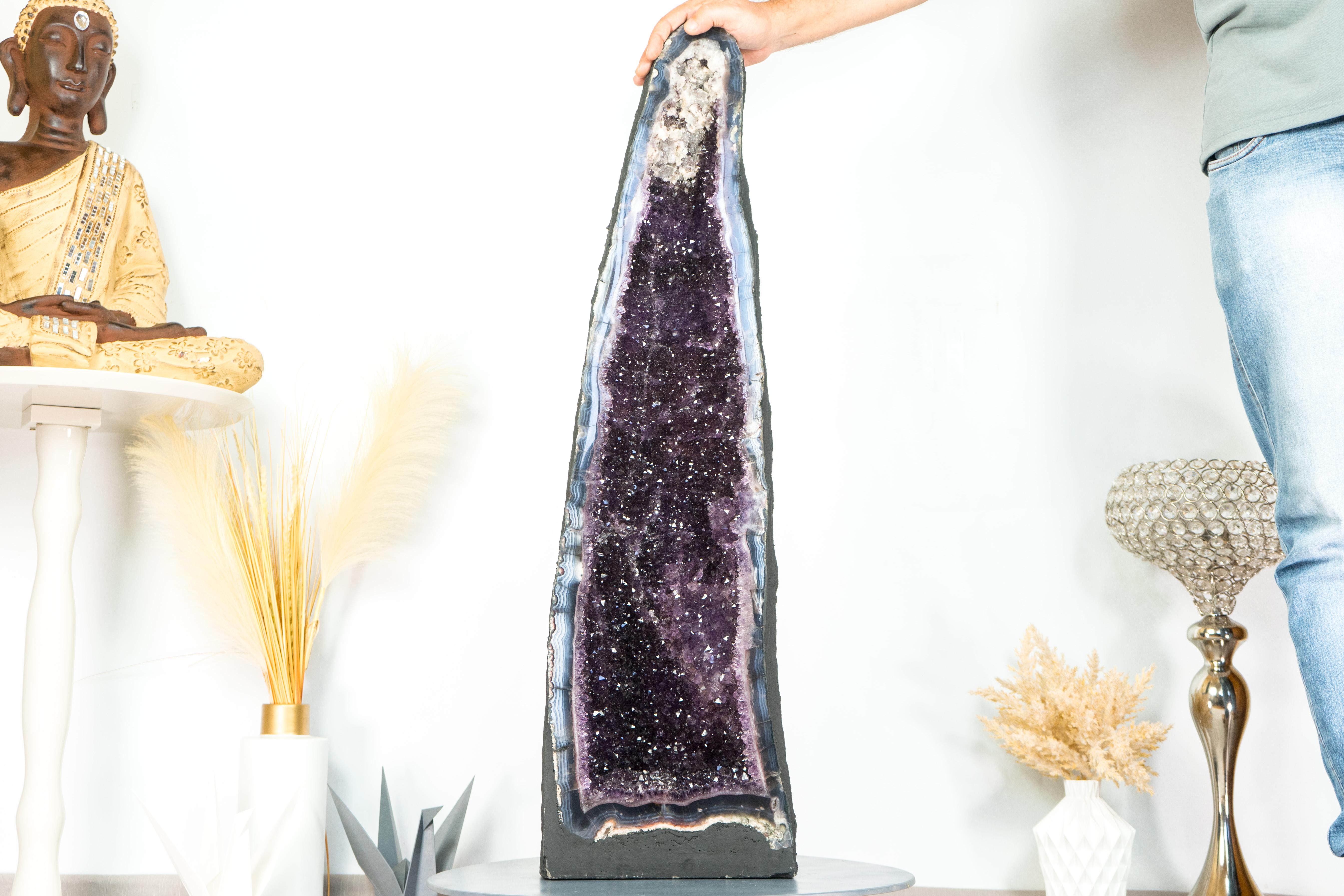 Contemporary Pair of Amethyst Cathedral Geodes, with Lace Agate, Purple Amethyst, and Calcite For Sale
