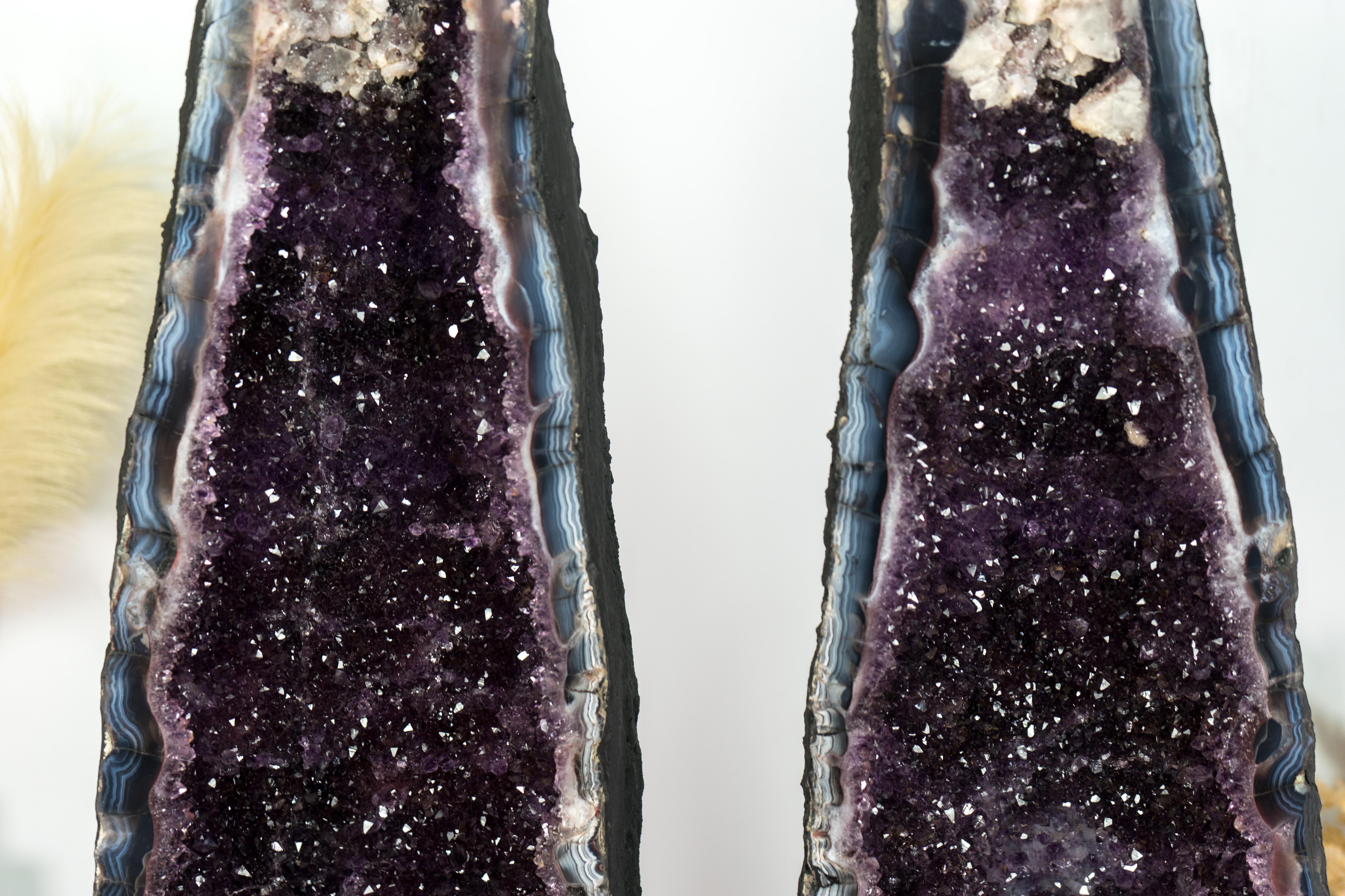 Pair of Amethyst Cathedral Geodes, with Lace Agate, Purple Amethyst, and Calcite For Sale 2