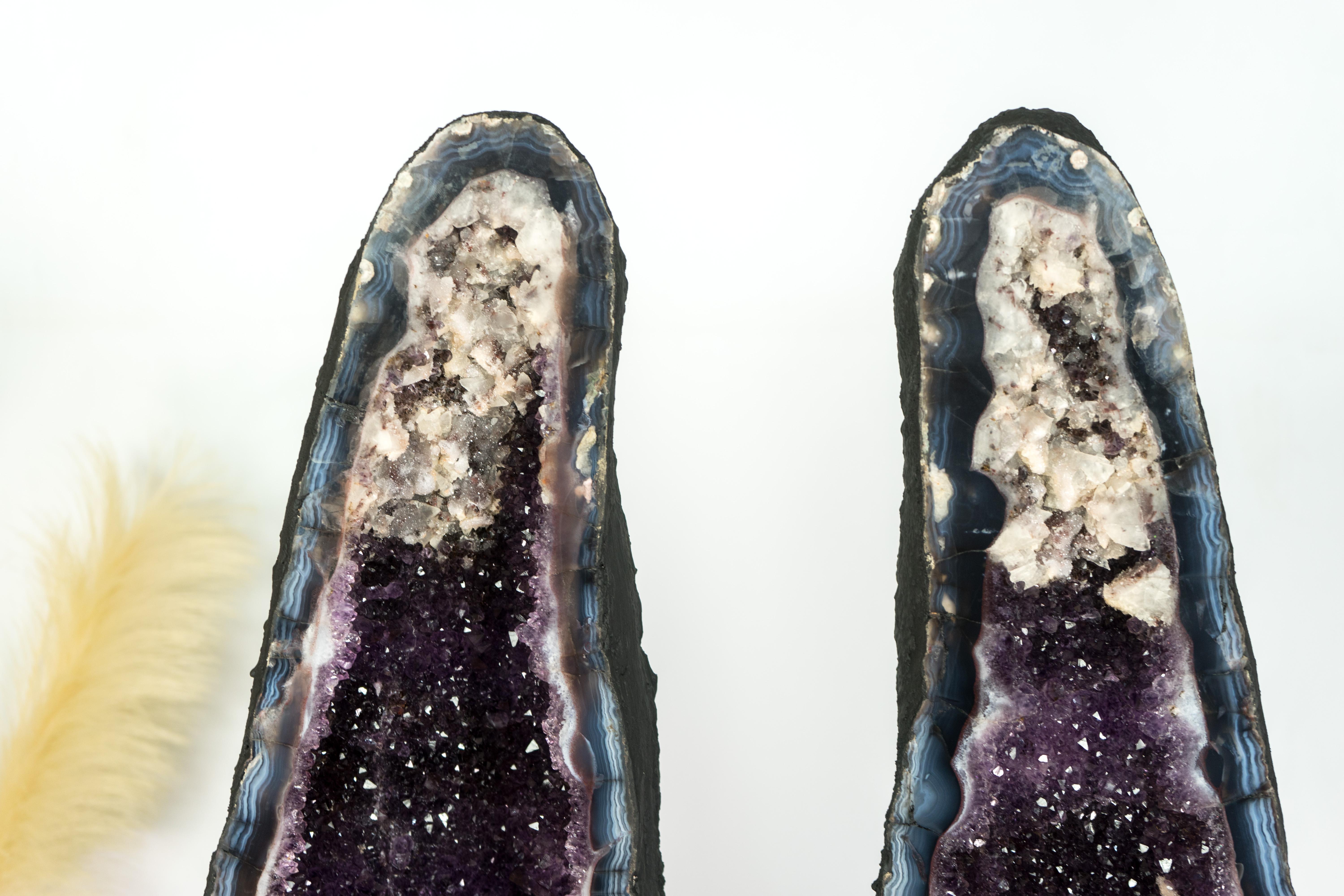 Pair of Amethyst Cathedral Geodes, with Lace Agate, Purple Amethyst, and Calcite For Sale 3