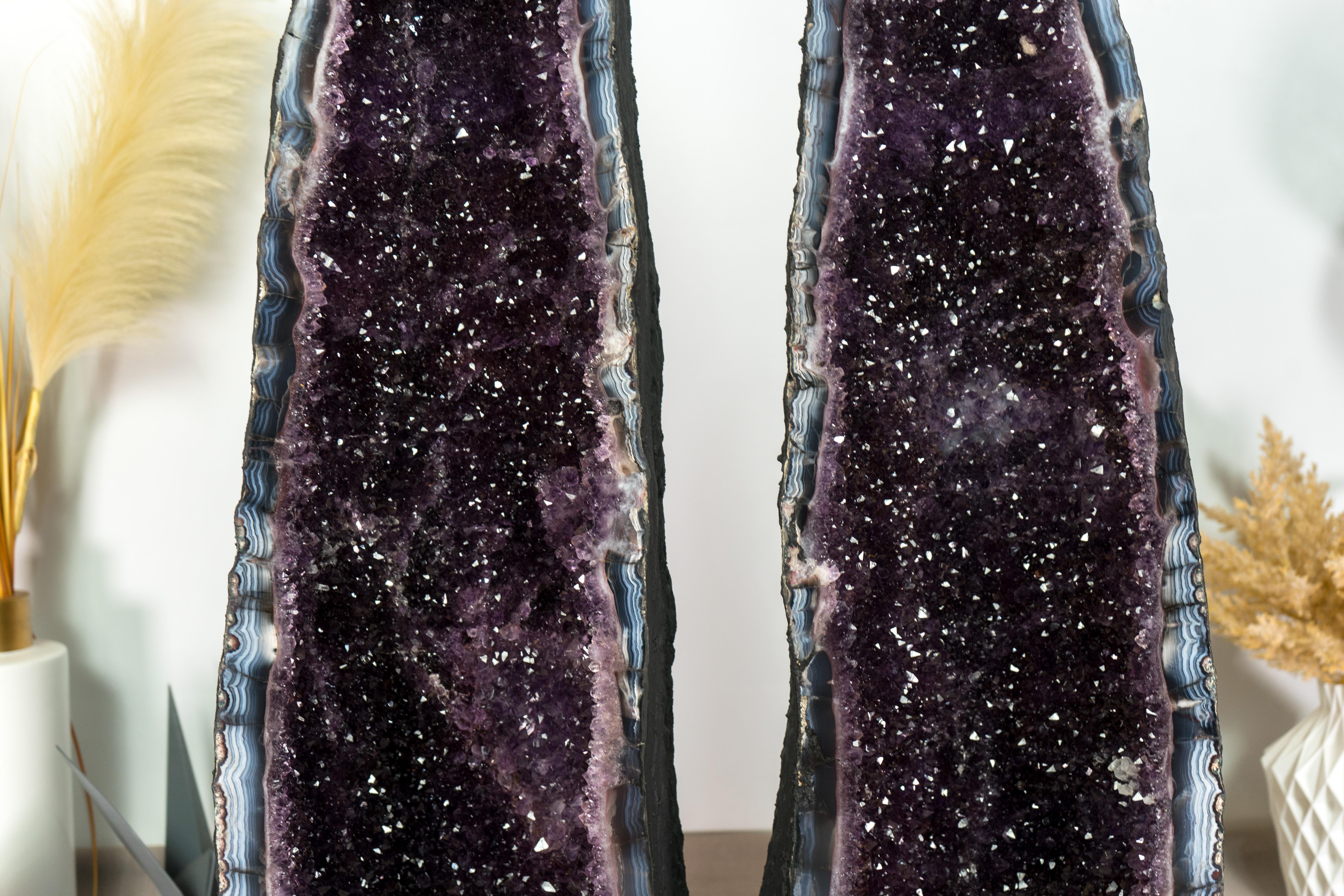Pair of Amethyst Cathedral Geodes, with Lace Agate, Purple Amethyst, and Calcite For Sale 4