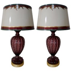 Pair of Amethyst Colored Murano Lamps with Parchment Shades