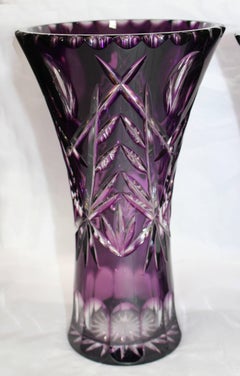 Pair of Amethyst Cut-Glass Overlay Crystal Vases