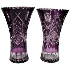 Vintage Pair of Amethyst Cut-Glass Overlay Crystal Vases