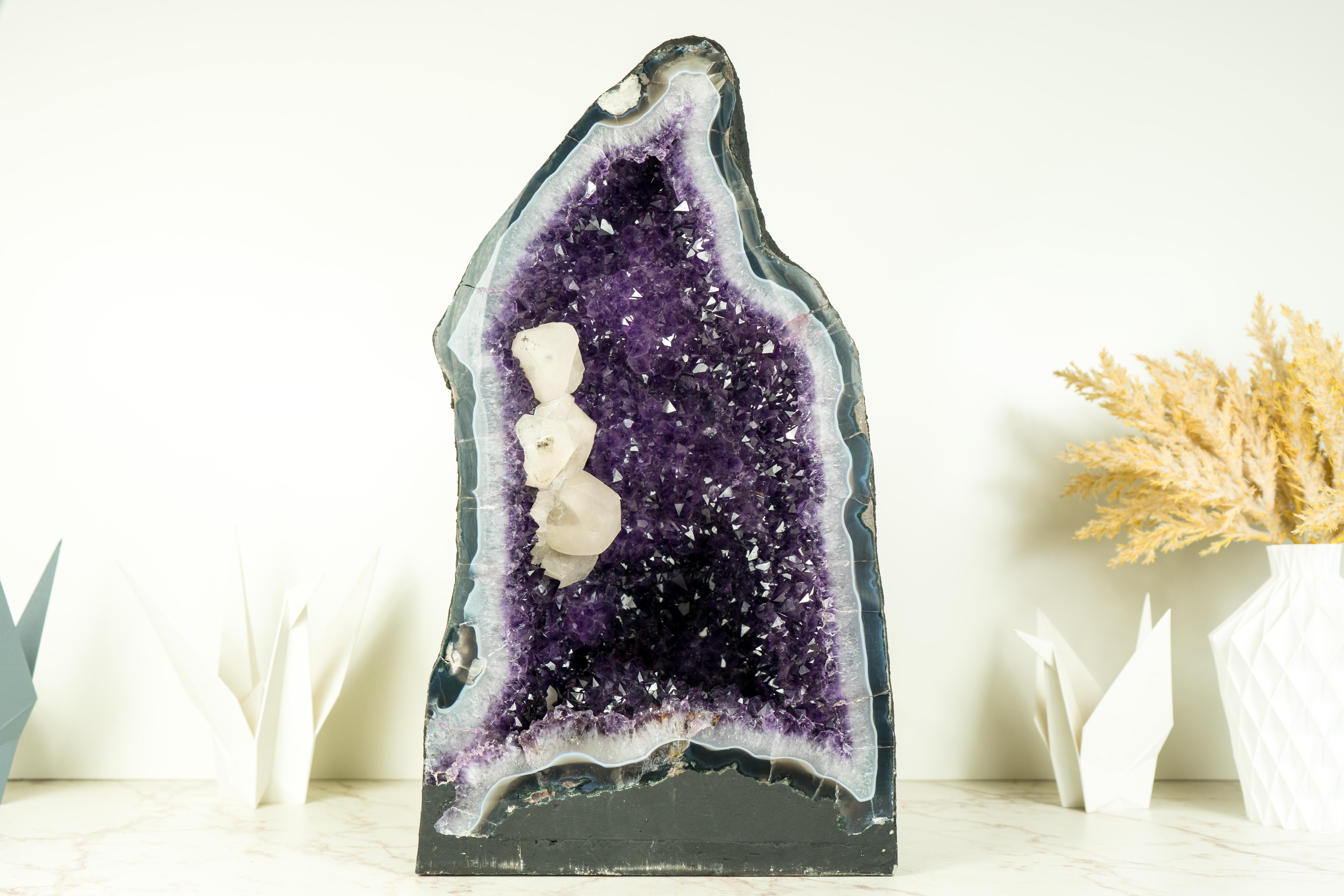 Pair of Amethyst Geodes with Purple Amethyst Druzy, Blue Lace Agate, Calcite For Sale 6