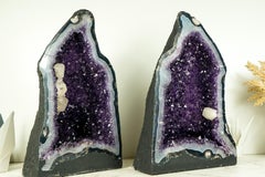 Pair of Amethyst Geodes with Purple Amethyst Druzy, Blue Lace Agate, Calcite