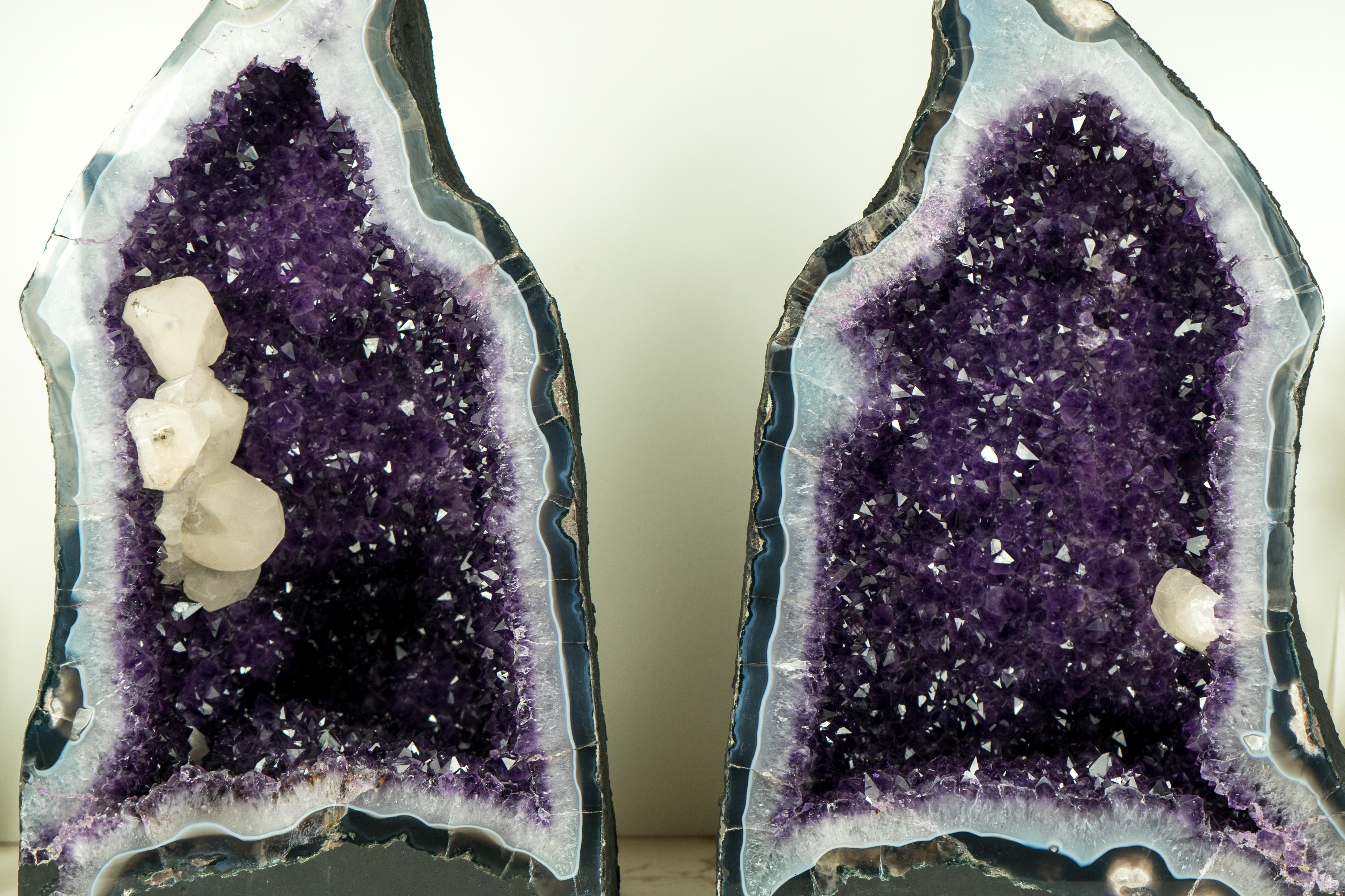 Brazilian Pair of Amethyst Geodes with Purple Amethyst Druzy, Blue Lace Agate, Calcite For Sale