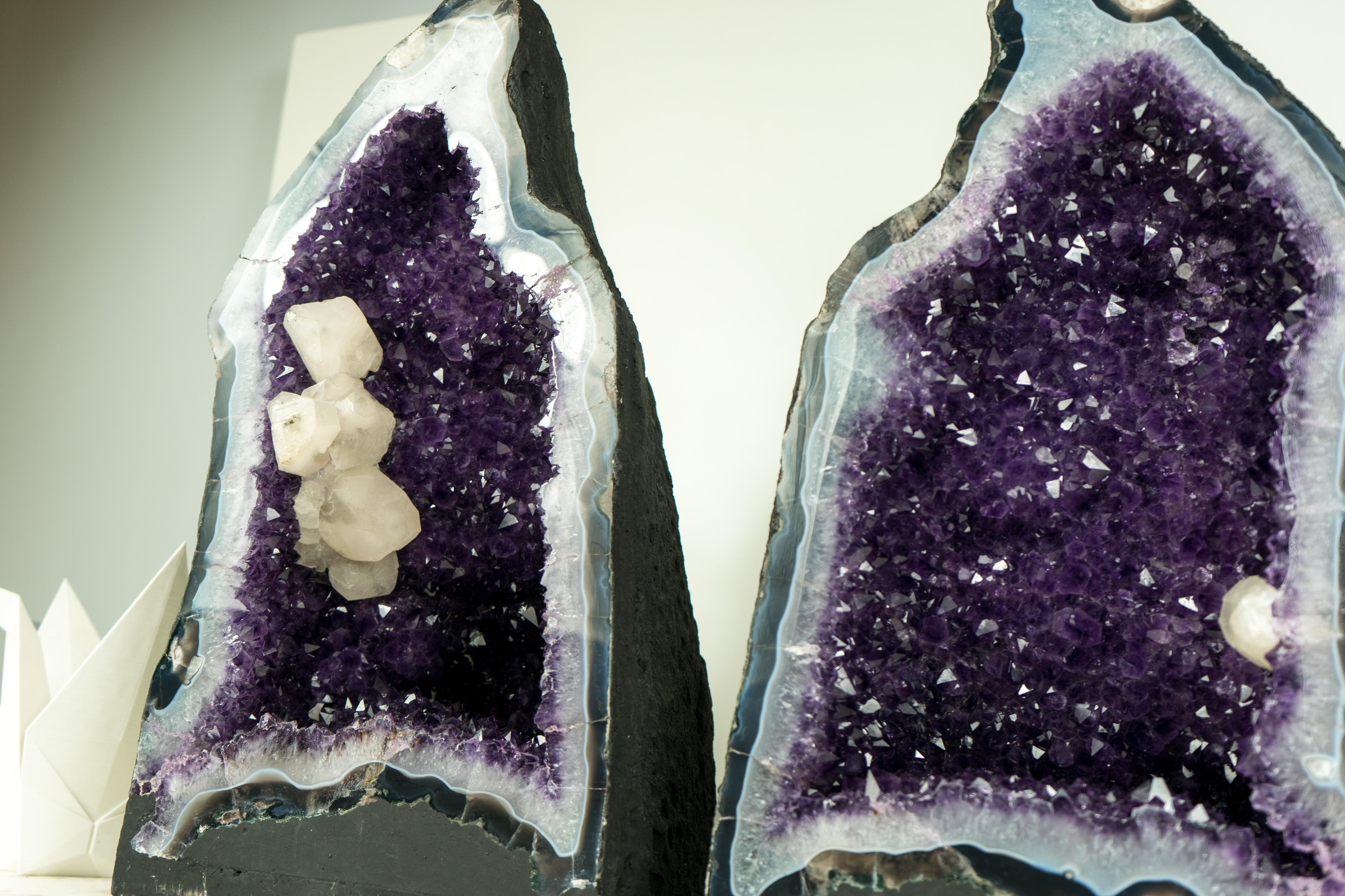 Contemporary Pair of Amethyst Geodes with Purple Amethyst Druzy, Blue Lace Agate, Calcite For Sale
