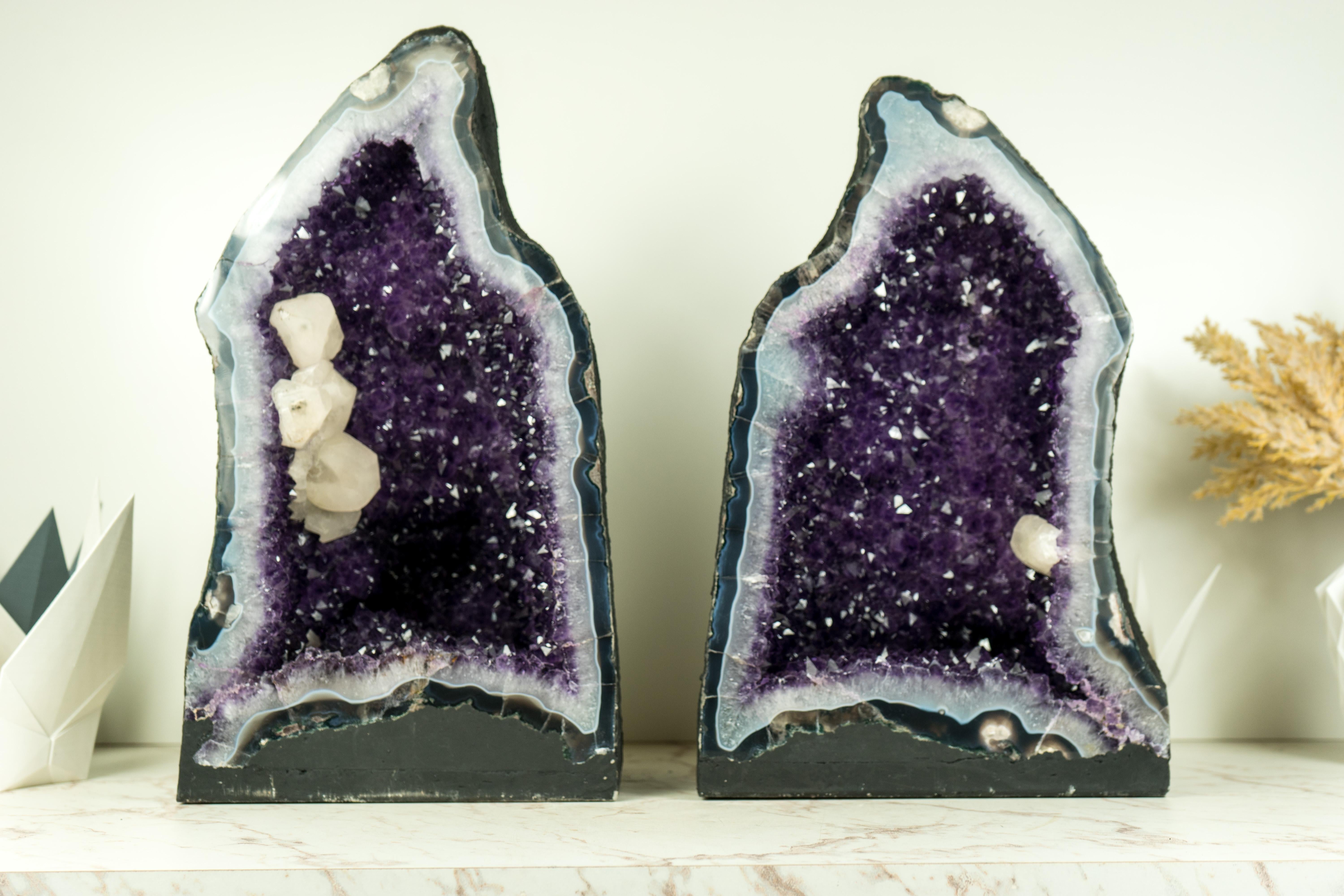Pair of Amethyst Geodes with Purple Amethyst Druzy, Blue Lace Agate, Calcite For Sale 1