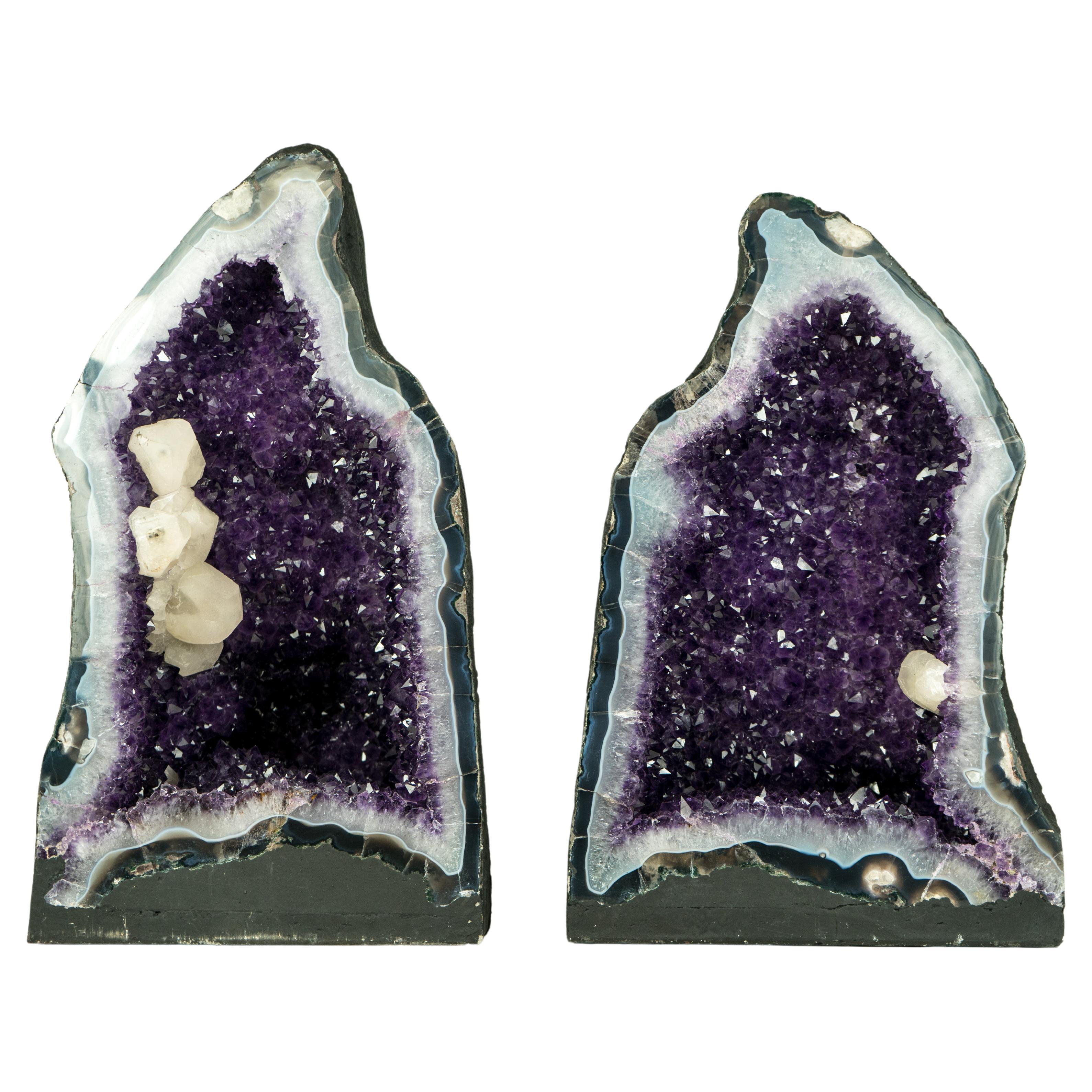 Pair of Amethyst Geodes with Purple Amethyst Druzy, Blue Lace Agate, Calcite For Sale