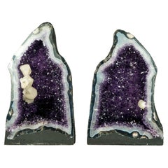 Pair of Amethyst Geodes with Purple Amethyst Druzy, Blue Lace Agate, Calcite