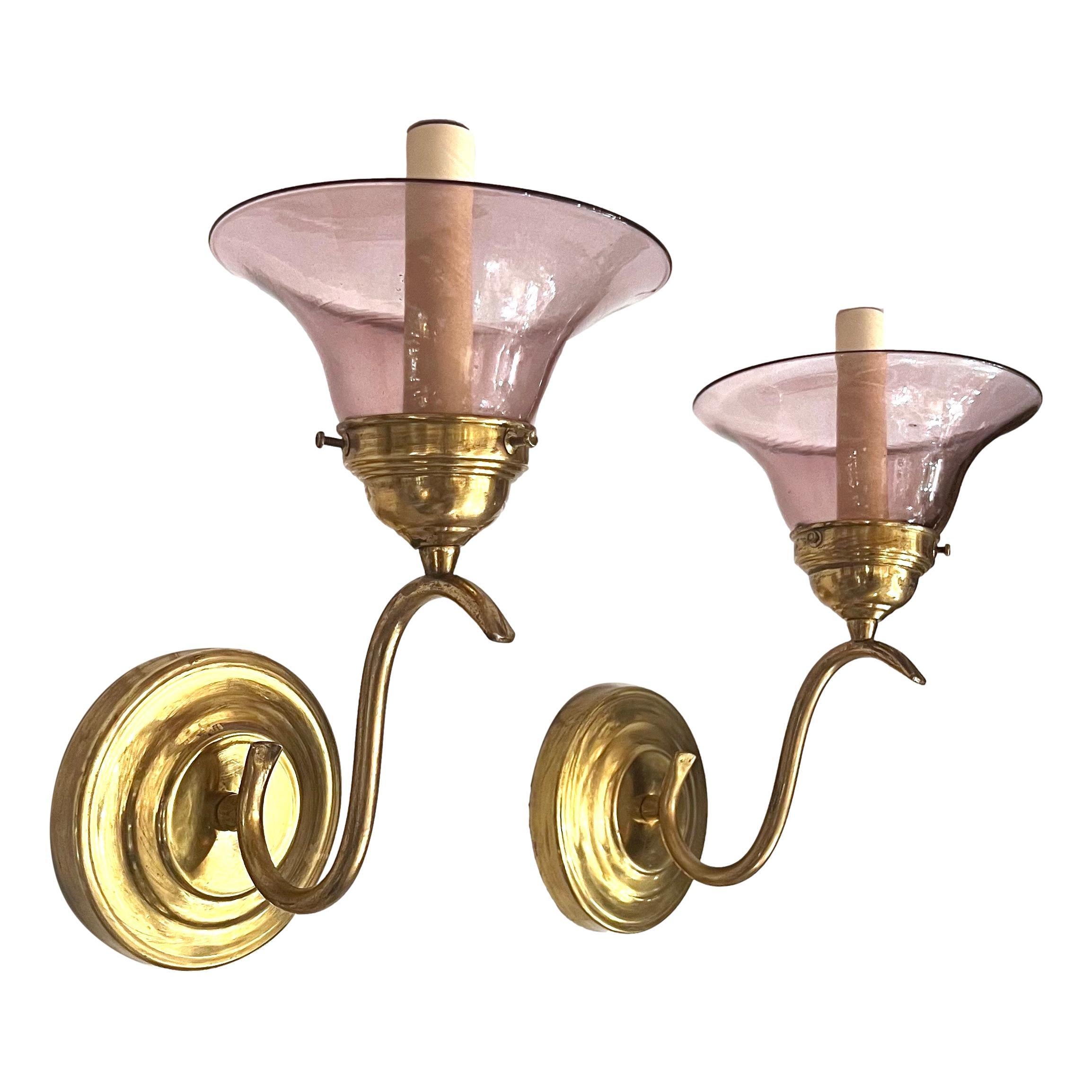 Pair of Italian circa 1920's single light sconces with amethyst glass shade.

Measurements:
Height: 11
