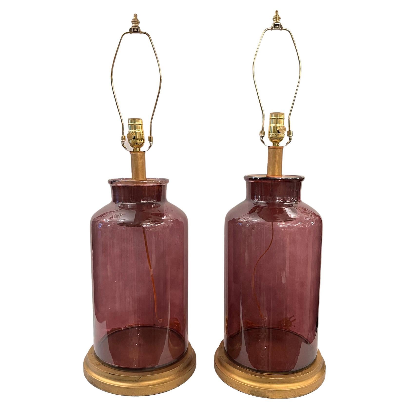 Paire de lampes de table en verre améthyste
