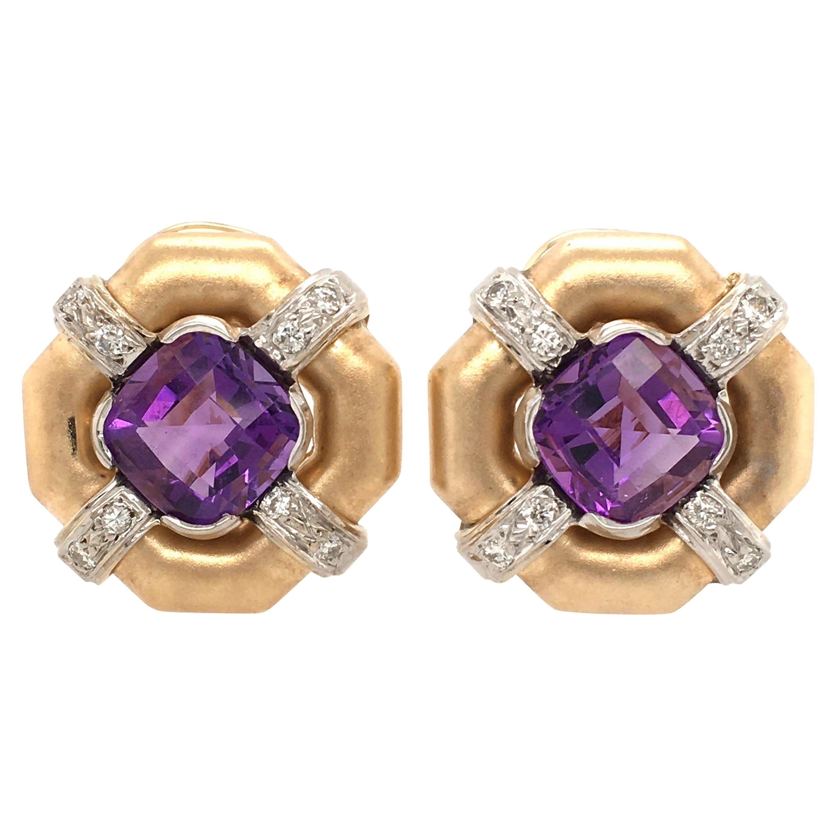 Pair of Amethyst, Gold and Diamond Earrings