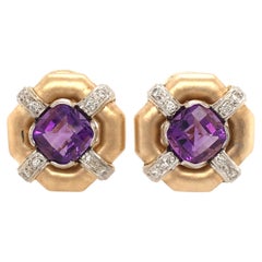 Pair of Amethyst, Gold and Diamond Earrings