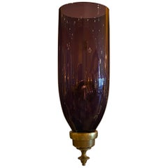 Antique Pair of Amethyst Hurricane Shade Sconces with Cast Brass Arms