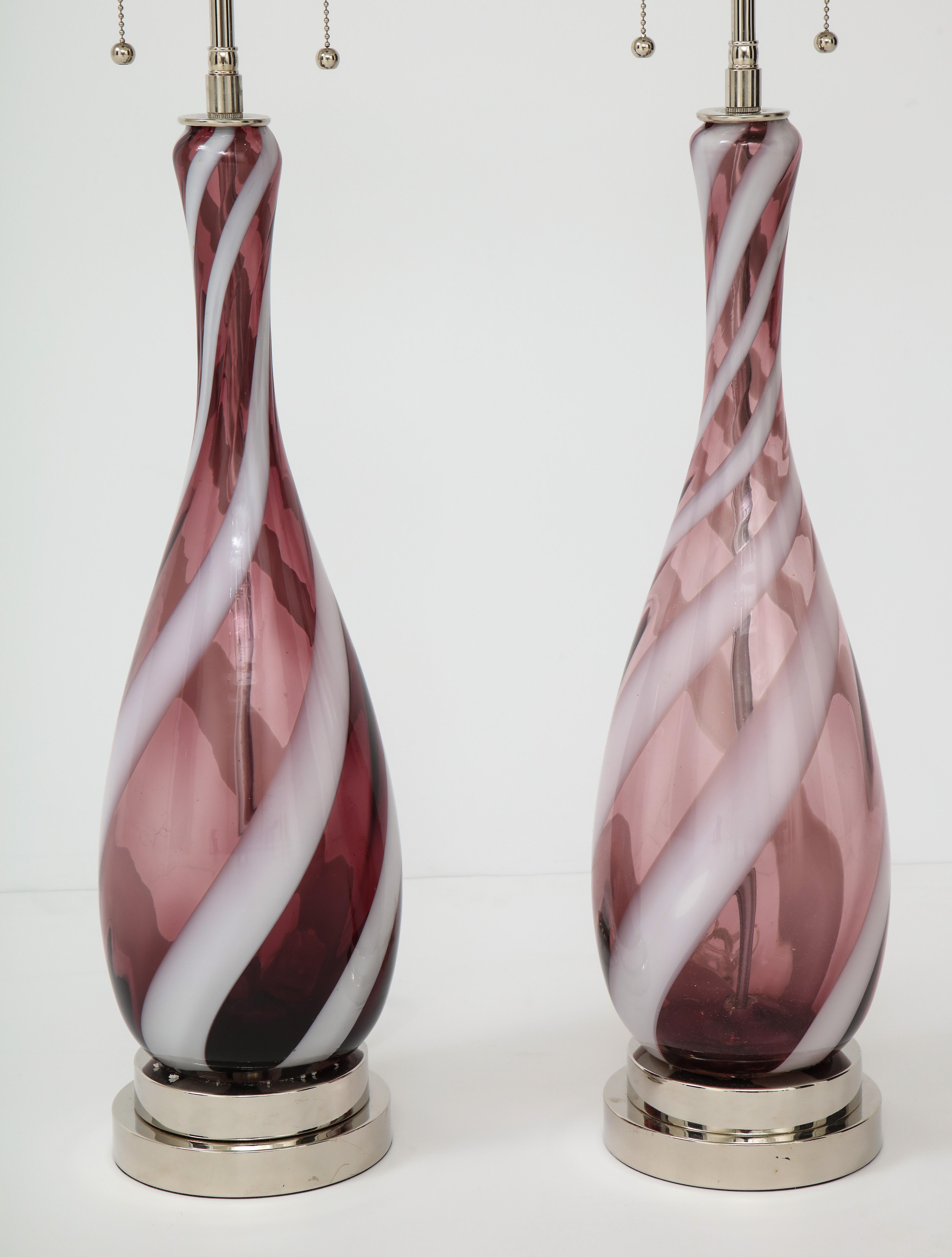 Mid-Century Modern Pair of Amethyst Murano Glass Candy Striped Lamps
