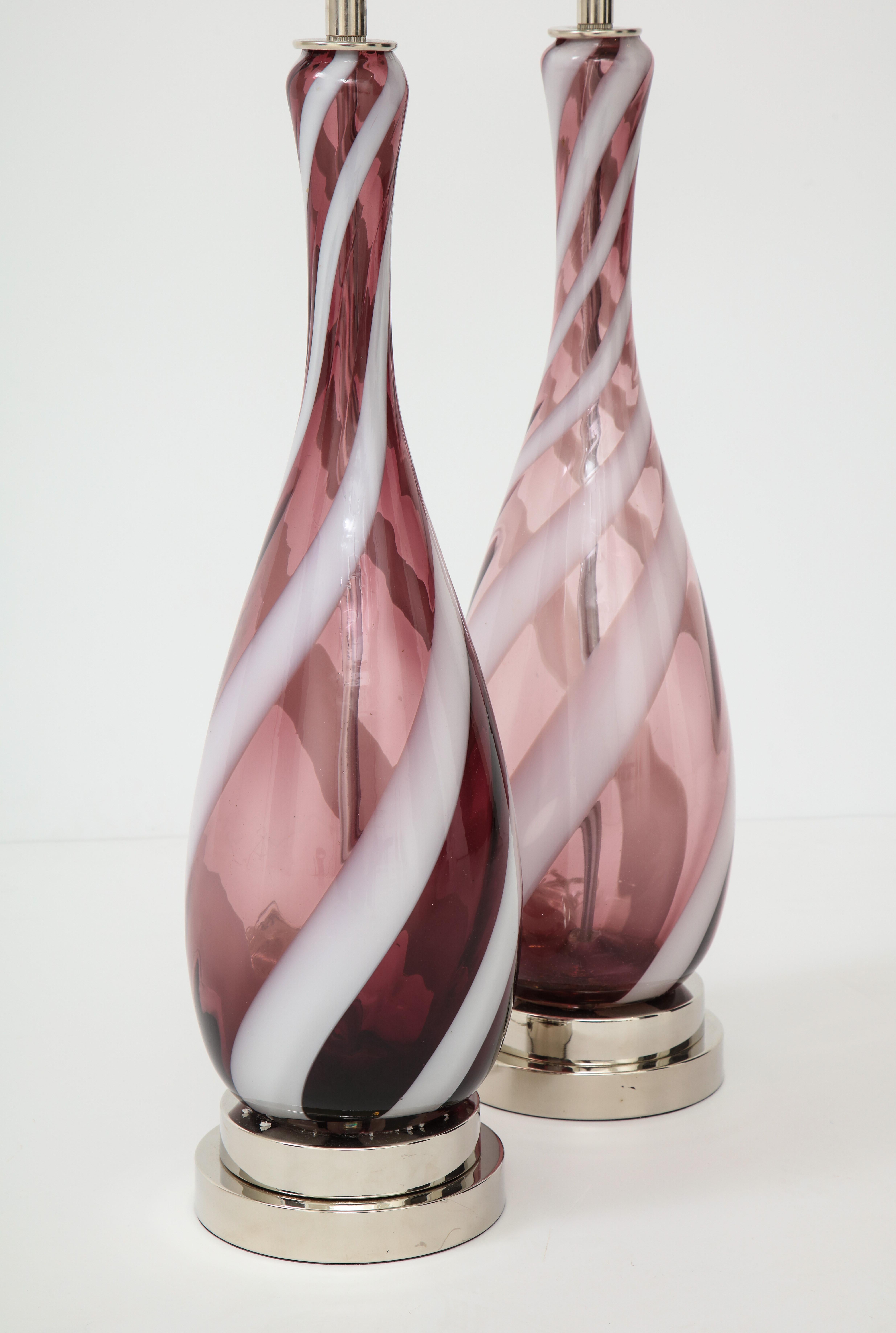 Italian Pair of Amethyst Murano Glass Candy Striped Lamps