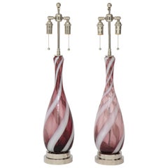 Pair of Amethyst Murano Glass Candy Striped Lamps