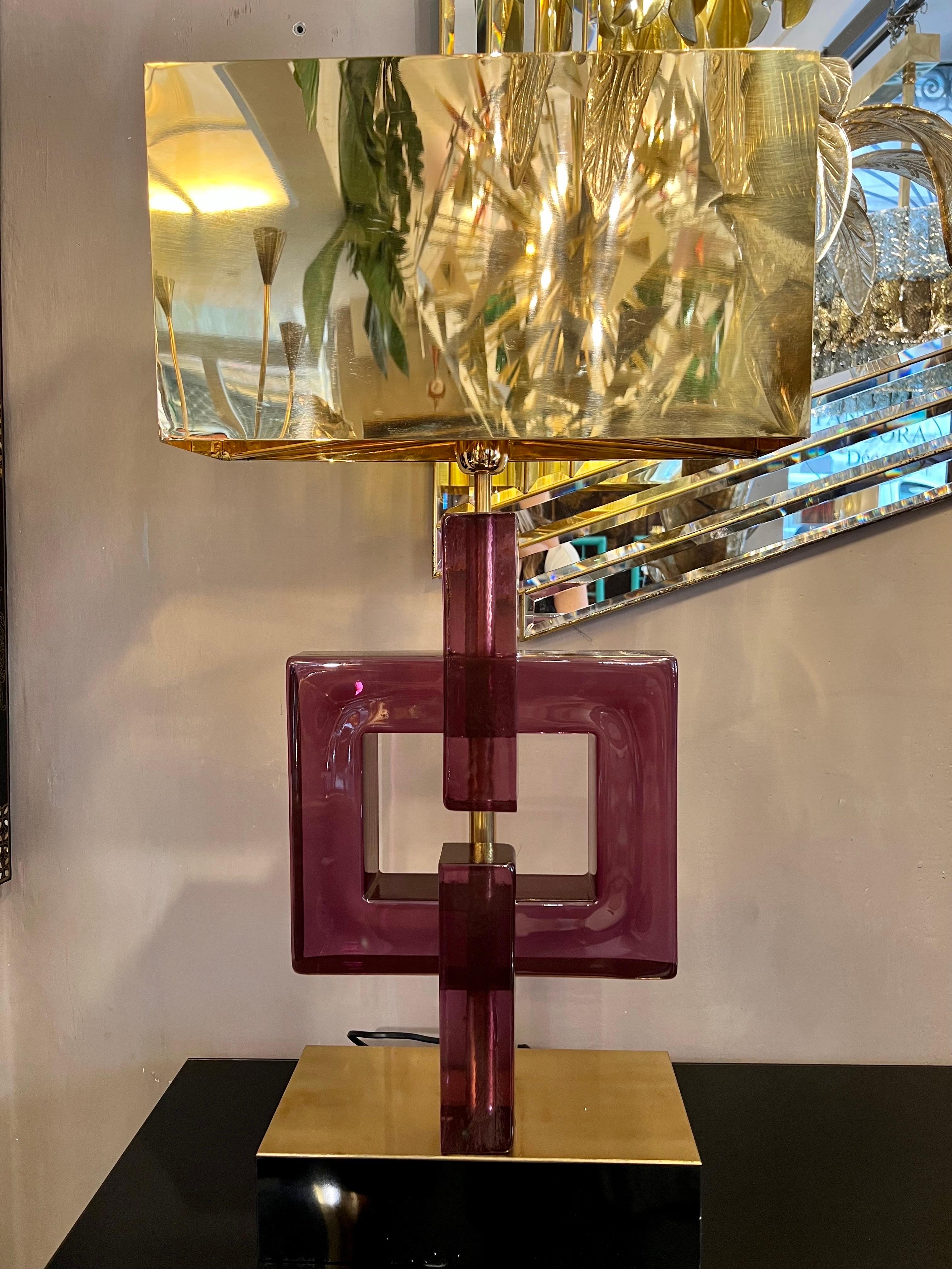 Pair of Amethyst Murano Table Lamps with Brass Lampshades, 1970s 1