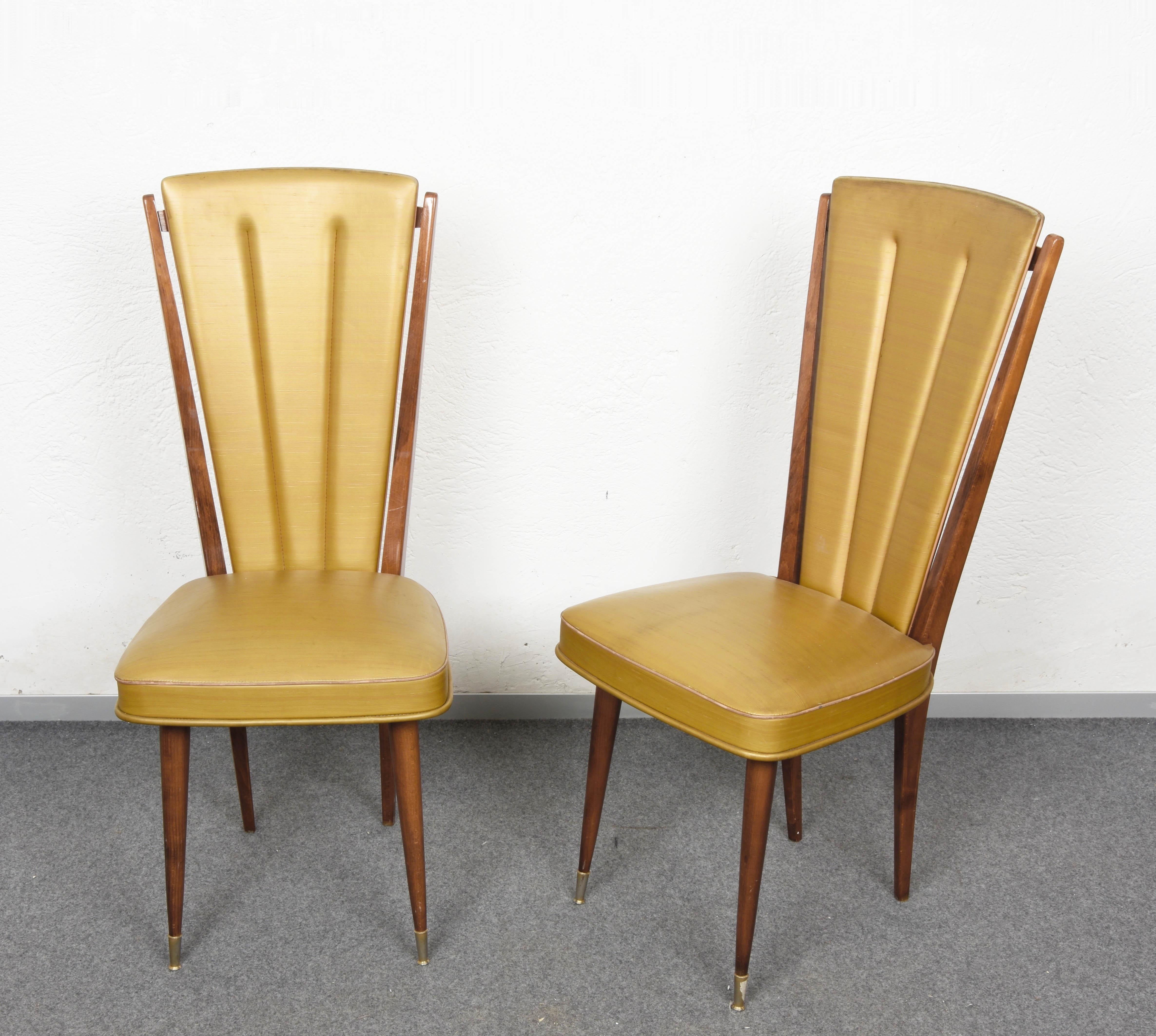 Mid-Century Modern Pair of Ameublement NF Beech and Beige Vinyl Upholstered Dining Chairs, 1950s For Sale