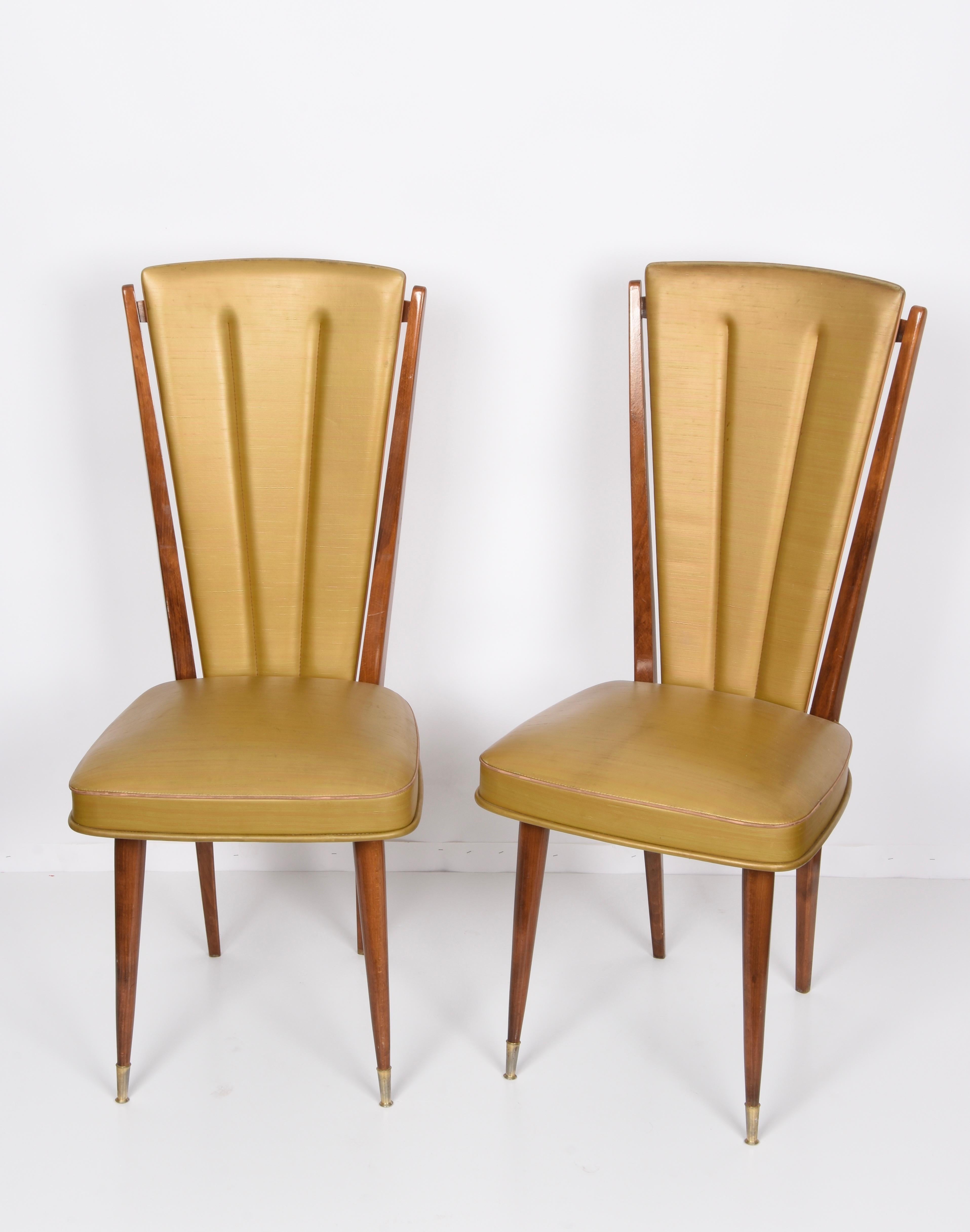 French Pair of Ameublement NF Beech and Beige Vinyl Upholstered Dining Chairs, 1950s For Sale