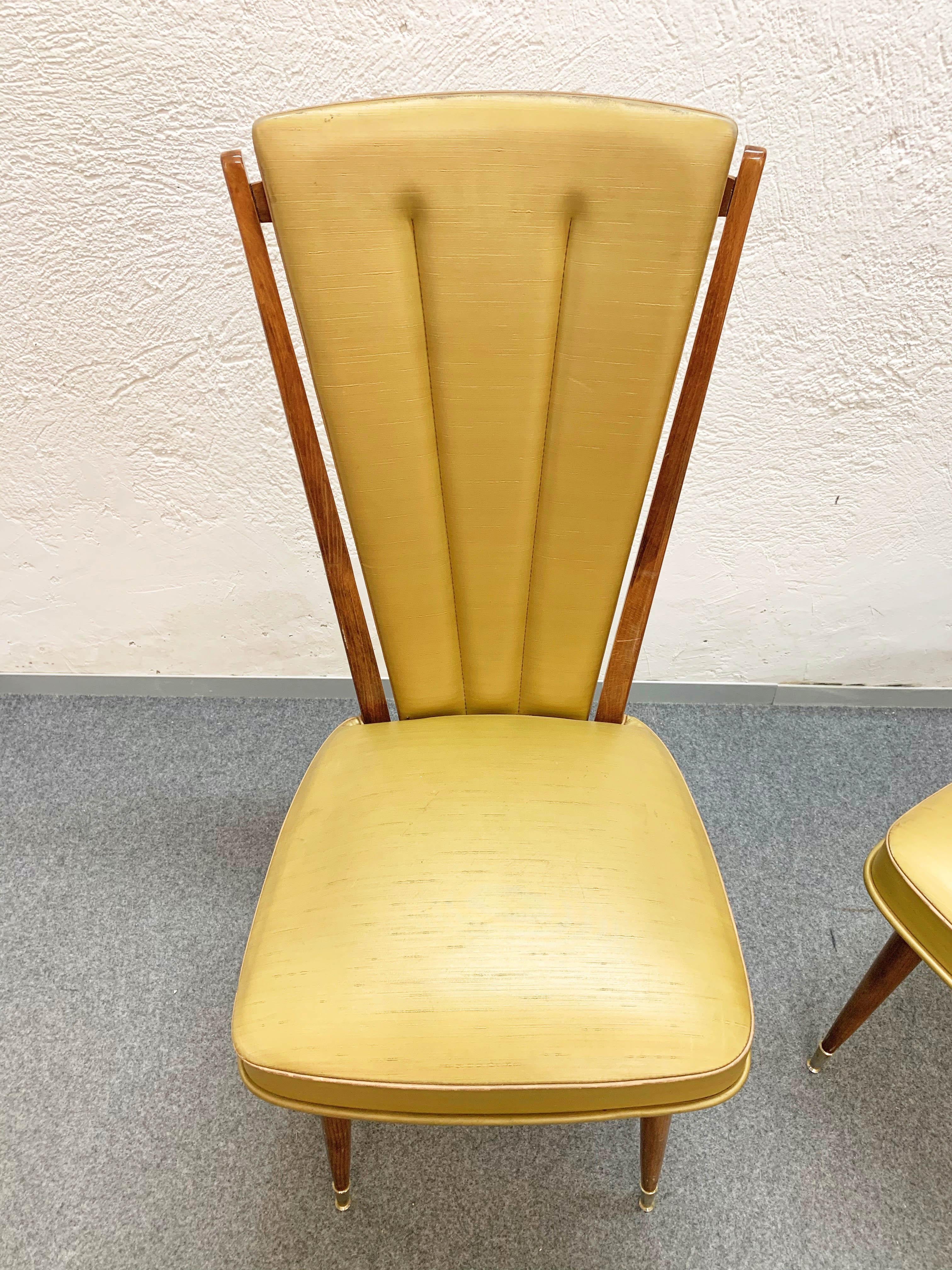 Mid-20th Century Pair of Ameublement NF Beech and Beige Vinyl Upholstered Dining Chairs, 1950s For Sale