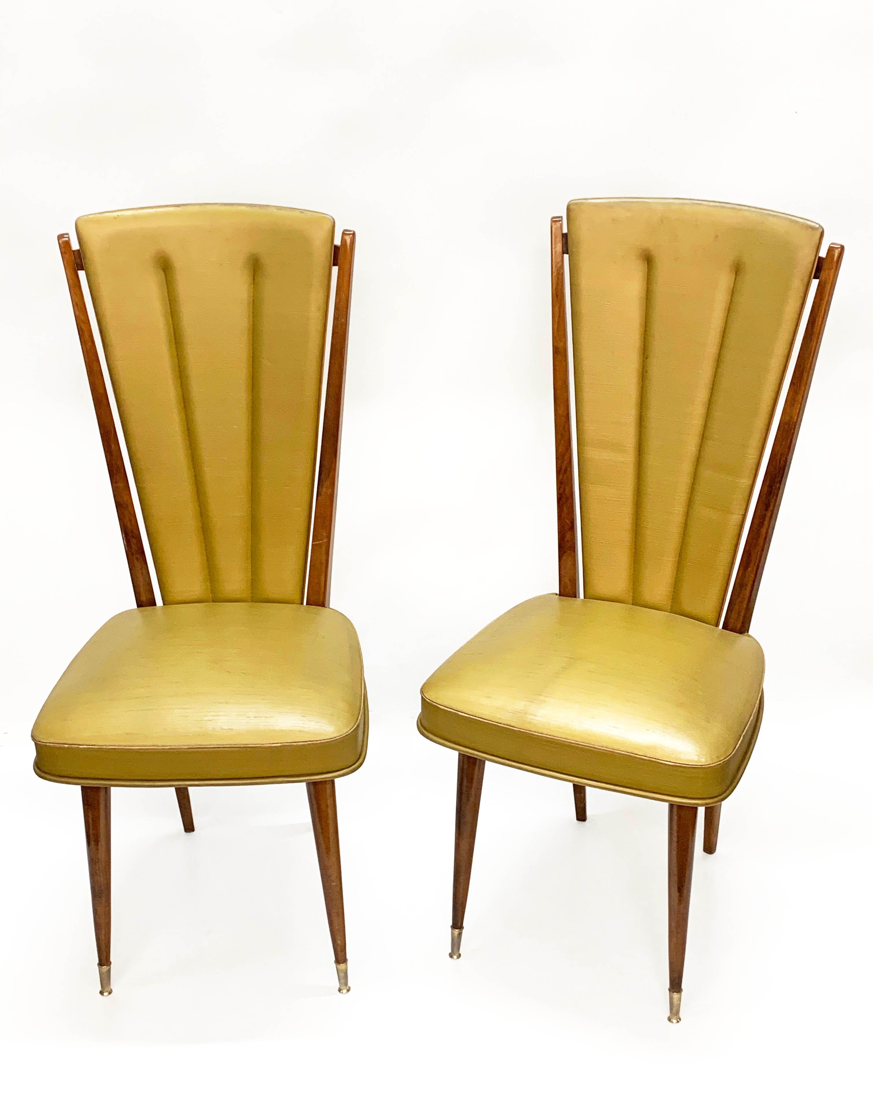 Wood Pair of Ameublement NF Beech and Beige Vinyl Upholstered Dining Chairs, 1950s For Sale