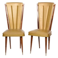 Pair of Ameublement NF Beech and Beige Vinyl Upholstered Dining Chairs, 1950s