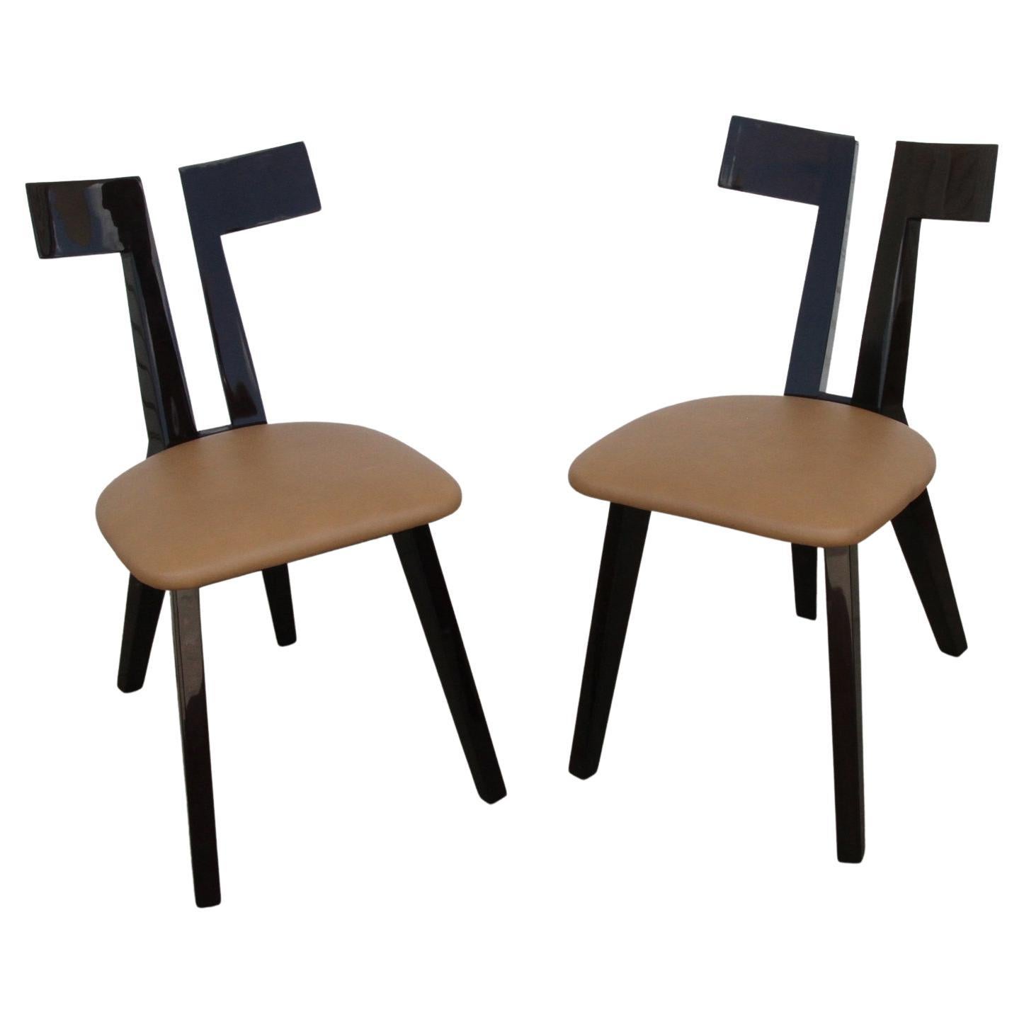 Pair of Amlash chairs by Mirak

A. Soudavar
Designer
 
 
Side chair in dark expresso mahogany with open back with small metal detail.
 
Dimensions
16” W x 31-1/4” H x 19” Seat x 16” Seat depth.