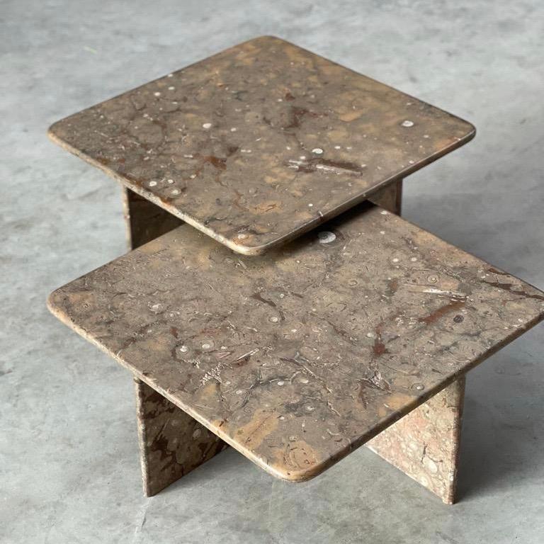 Pair of Ammonite Fossil Mid-Century Stone Tables In Good Condition In London, GB