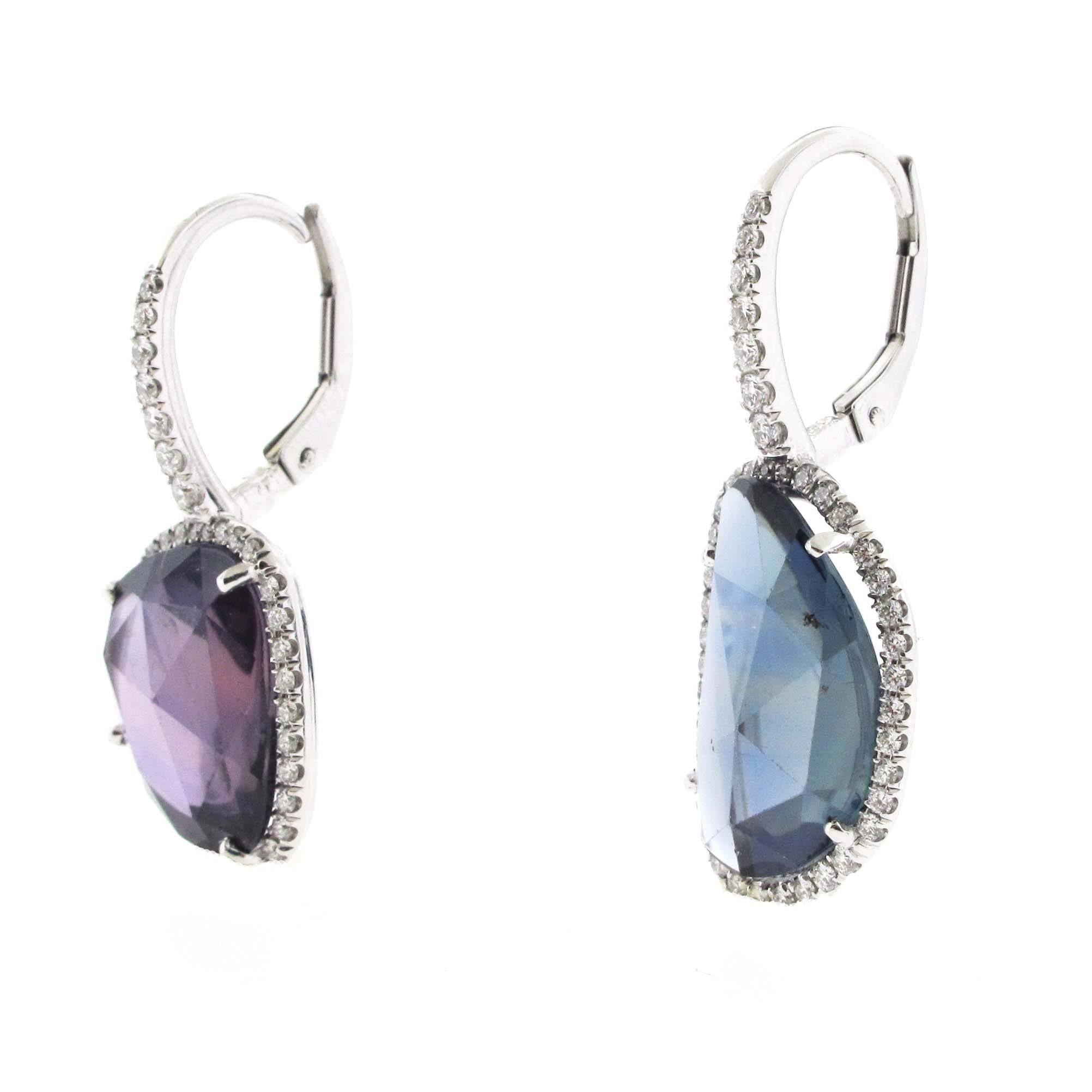 Modern Pair of Amoeba Sapphire Earrings Set in Platinum with Diamonds