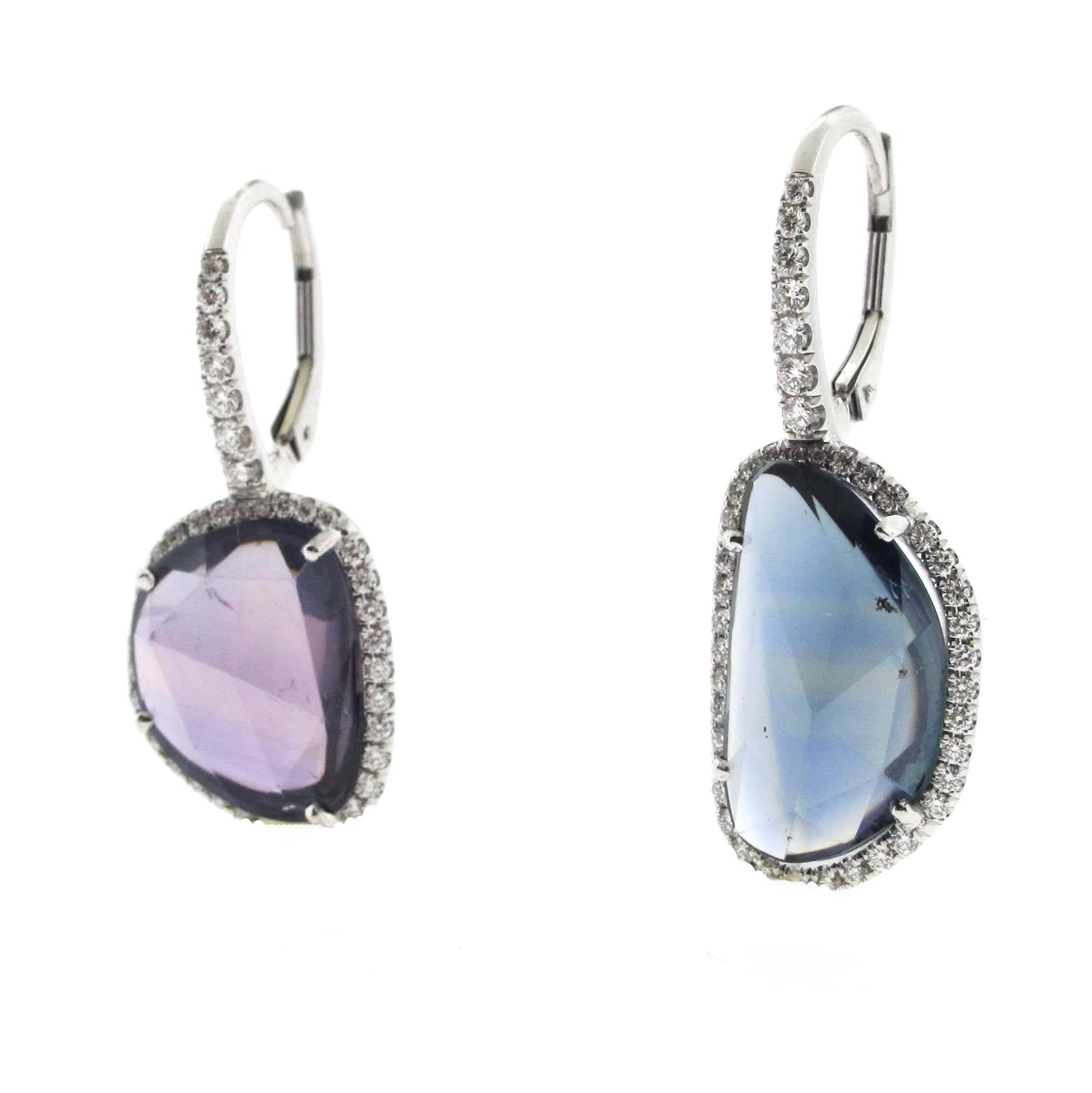 Rose Cut Pair of Amoeba Sapphire Earrings Set in Platinum with Diamonds