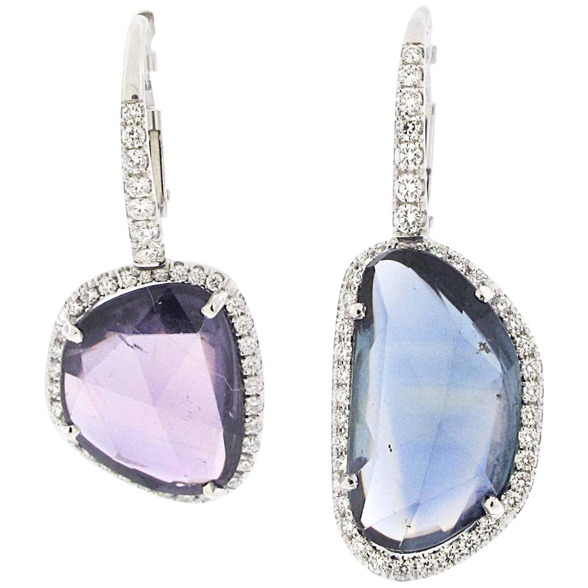 Pair of Amoeba Sapphire Earrings Set in Platinum with Diamonds
