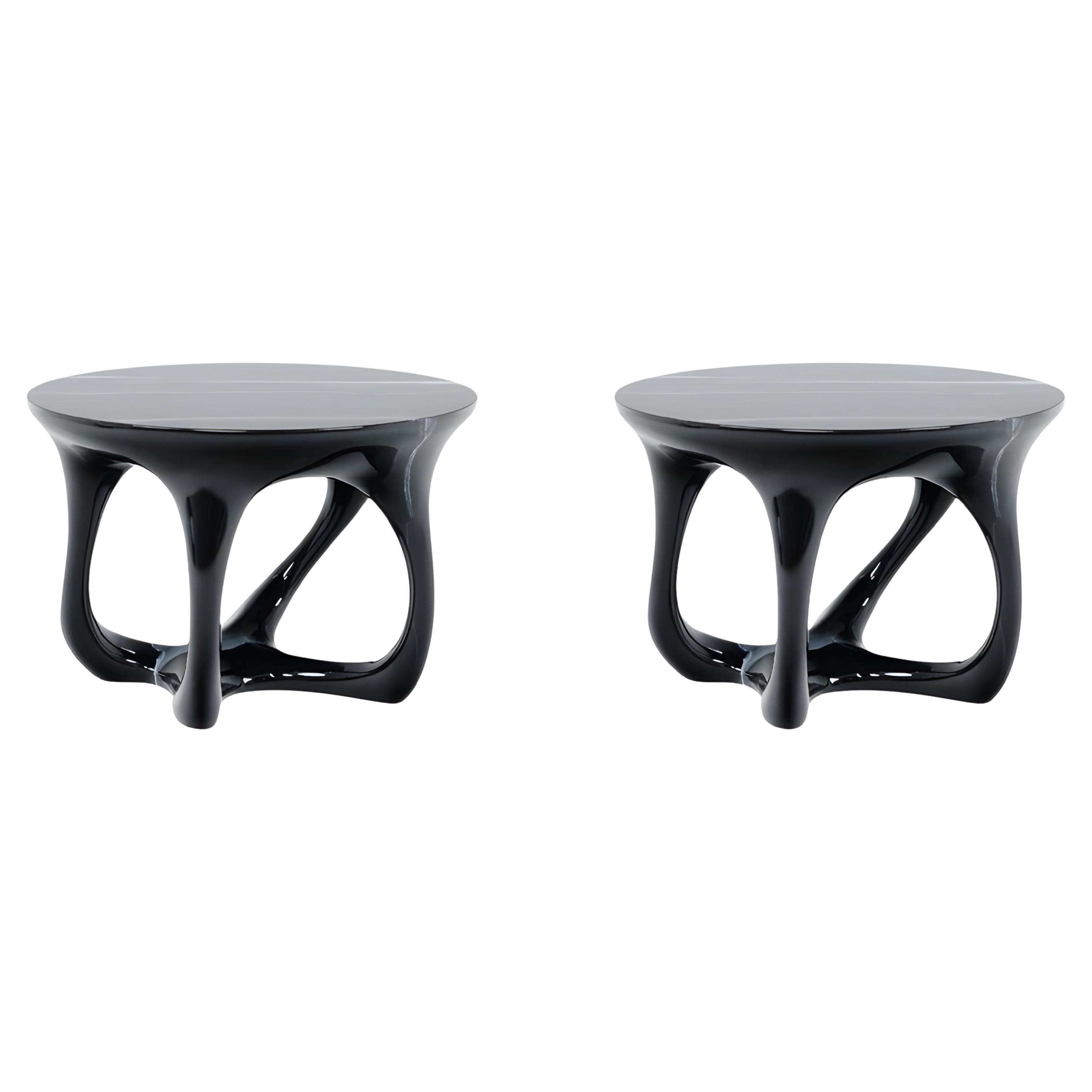 Pair of Amorph Side Tables in High-Gloss Black Lacquer For Sale