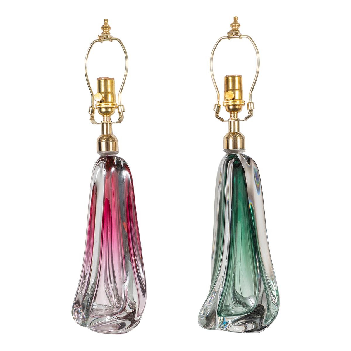 Pair of amorphic twist murano glass lamps with green and pink sommerso effects.