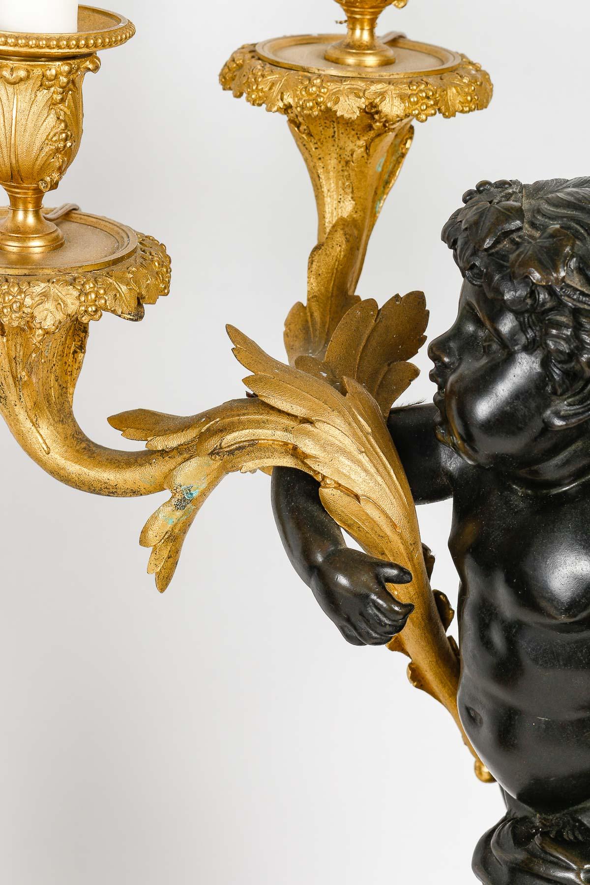 Pair of Amours Candelabra, Grande décoration, Gilt bronze, Antique bronze. 4