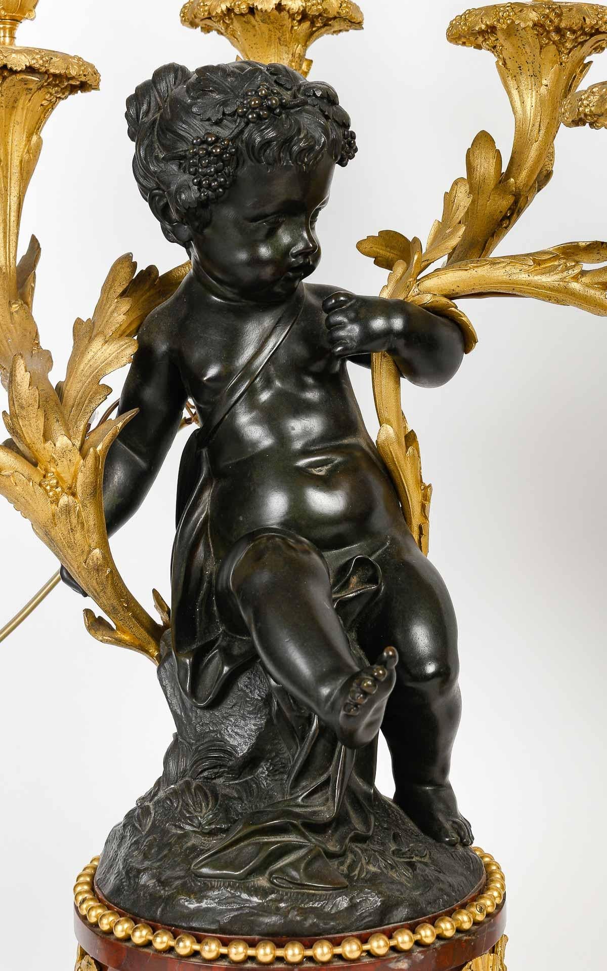 Pair of Amours Candelabra, Grande décoration, Gilt bronze, Antique bronze. 6