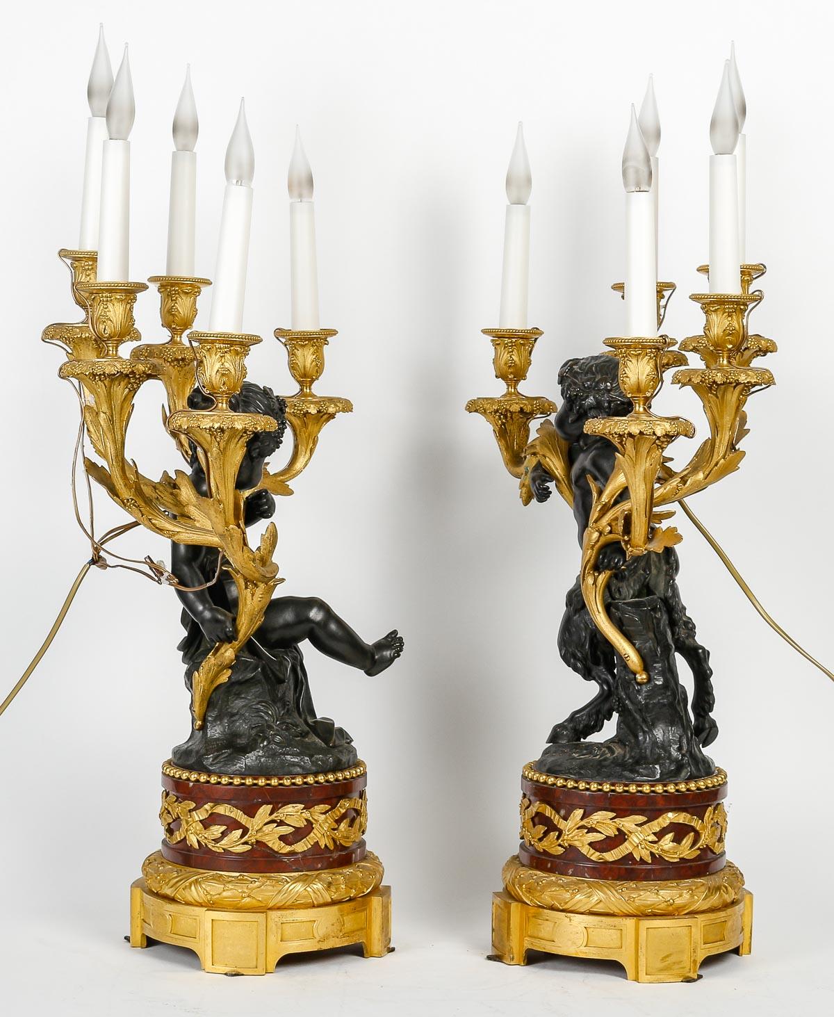 Pair of candelabra signed by Beurdeley, 19th century, Napoleon III period, 5-light candelabra in gilt bronze, patinated bronze and Griotte marble.
H: 72cm, l: 42cm, p: 20cm