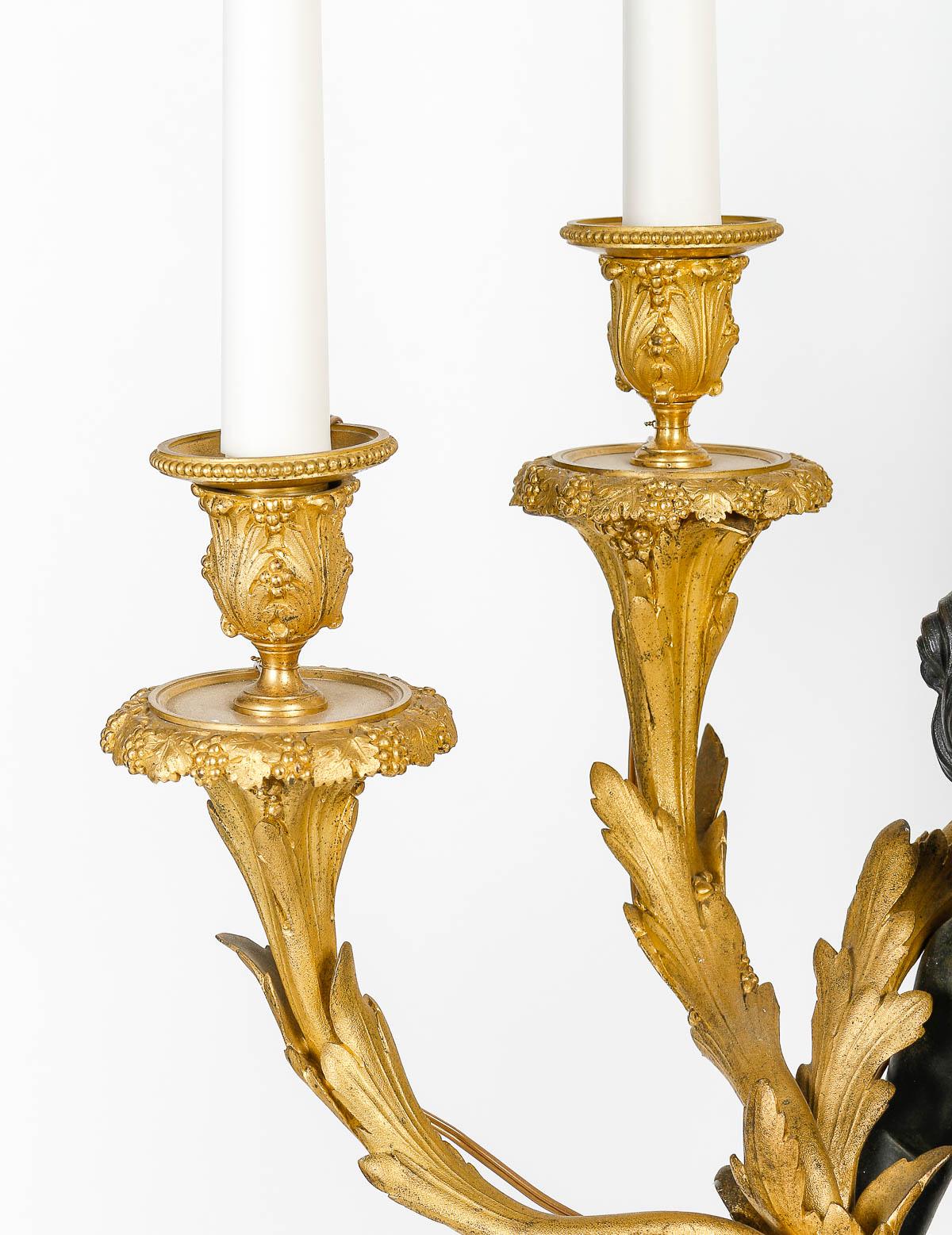 Pair of Amours Candelabra, Grande décoration, Gilt bronze, Antique bronze. In Good Condition In Saint-Ouen, FR