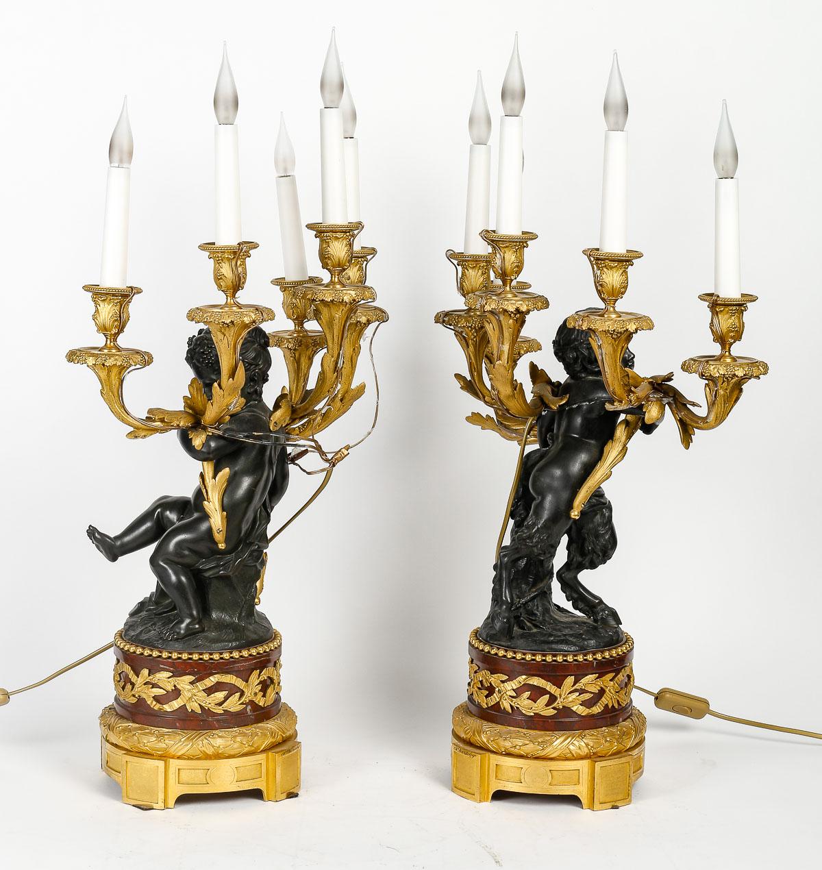 Pair of Amours Candelabra, Grande décoration, Gilt bronze, Antique bronze. 2