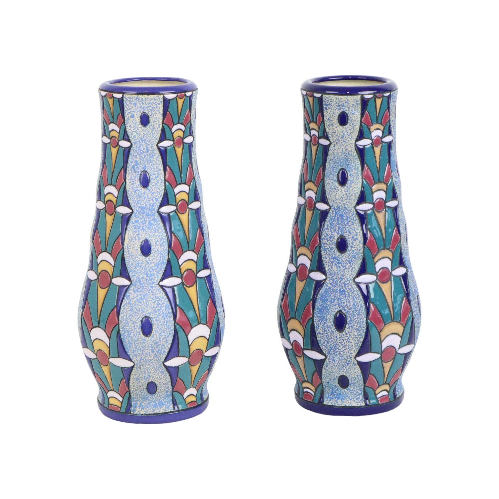 Ceco Coppia di vasi Amphora Art Deco in ceramica smaltata 1915 in vendita