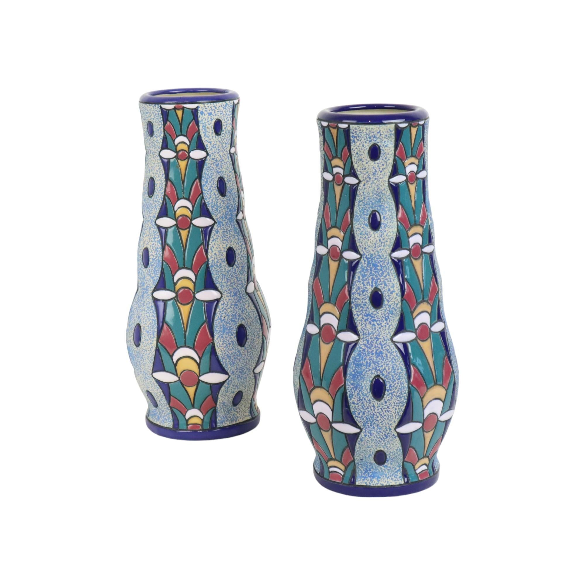 Ceramica Coppia di vasi Amphora Art Deco in ceramica smaltata 1915 in vendita