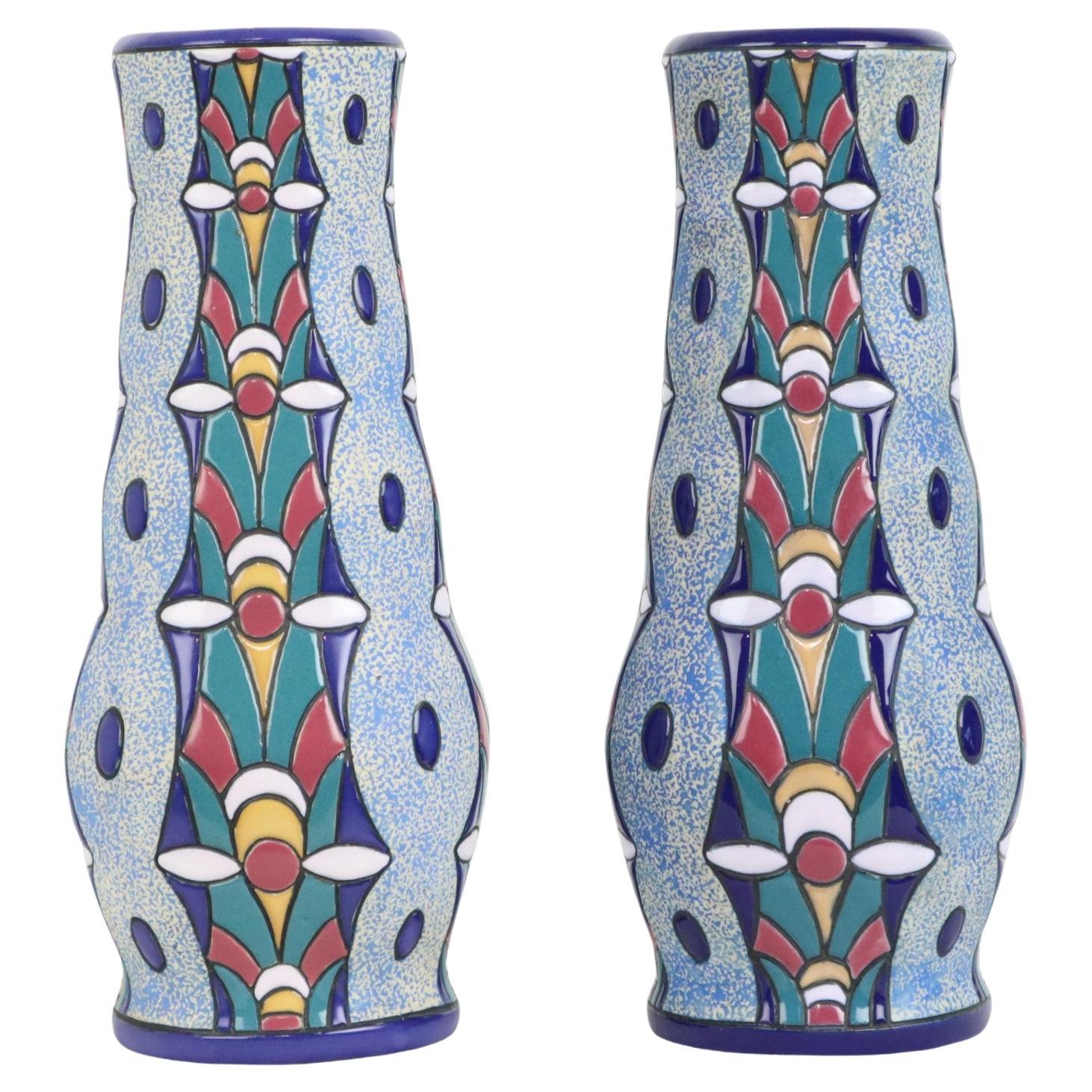 Paar Amphora-Vasen im Art-déco-Stil aus Keramik und Emaille, 1915