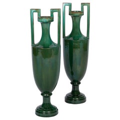 Pair of Amphora Vases in Green Earthenware, Beginning 20th Century