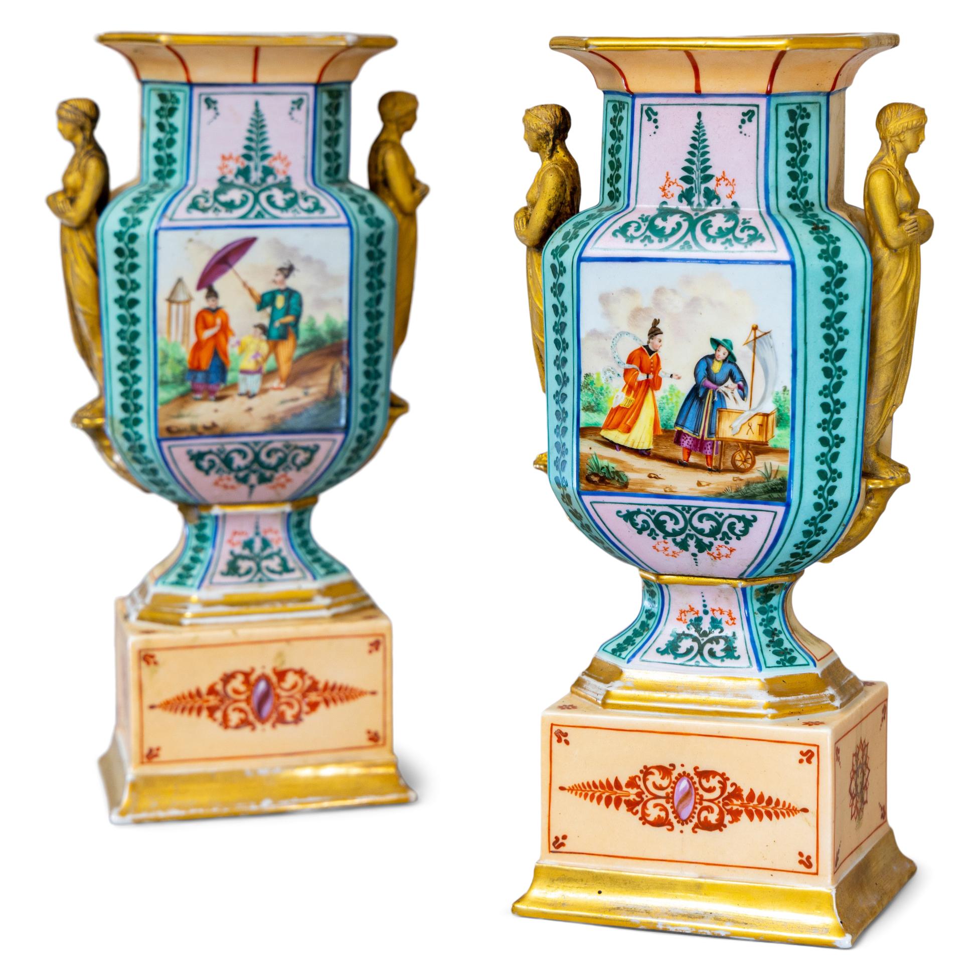 Pair of Ceramic Amphoras with figurative Scenes, Blue and Gold, around 1830 For Sale 4